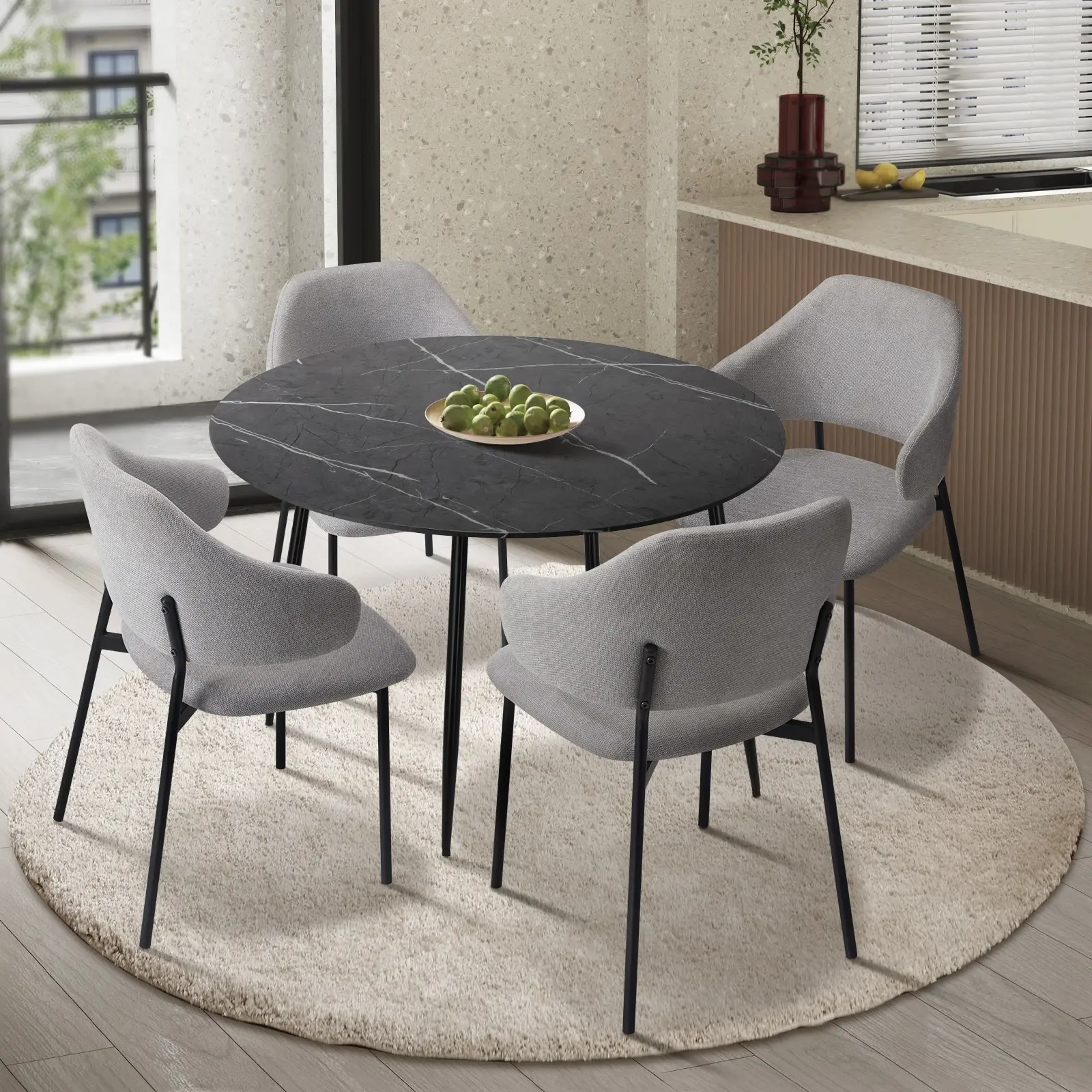 Oikiture 110cm Round Dining Table Black&Grey with 4PCS Dining Chairs Linen Grey - Furniture