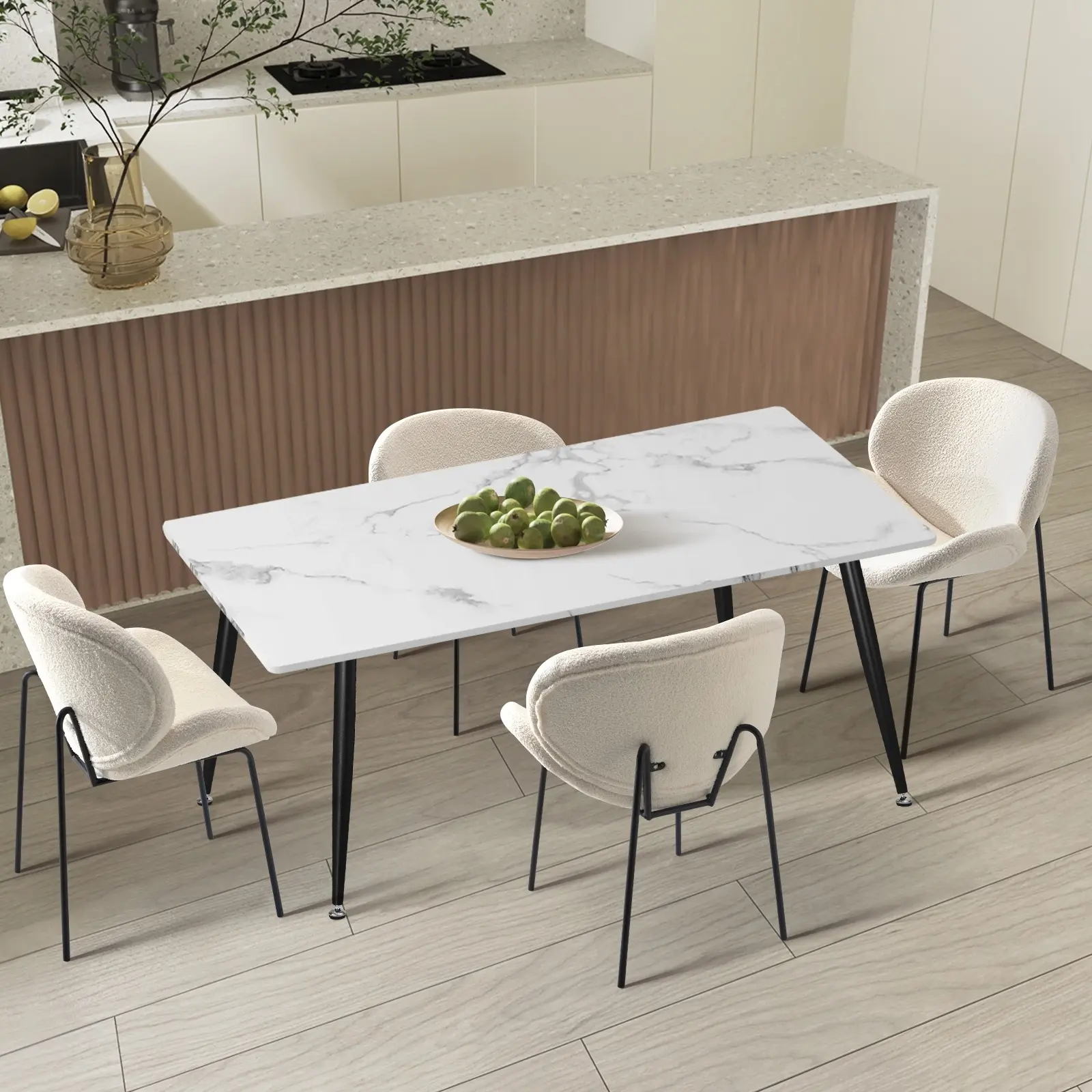 Oikiture 120cm Rectangle Dining Table with Dining Chairs X4 Sherpa White - Furniture