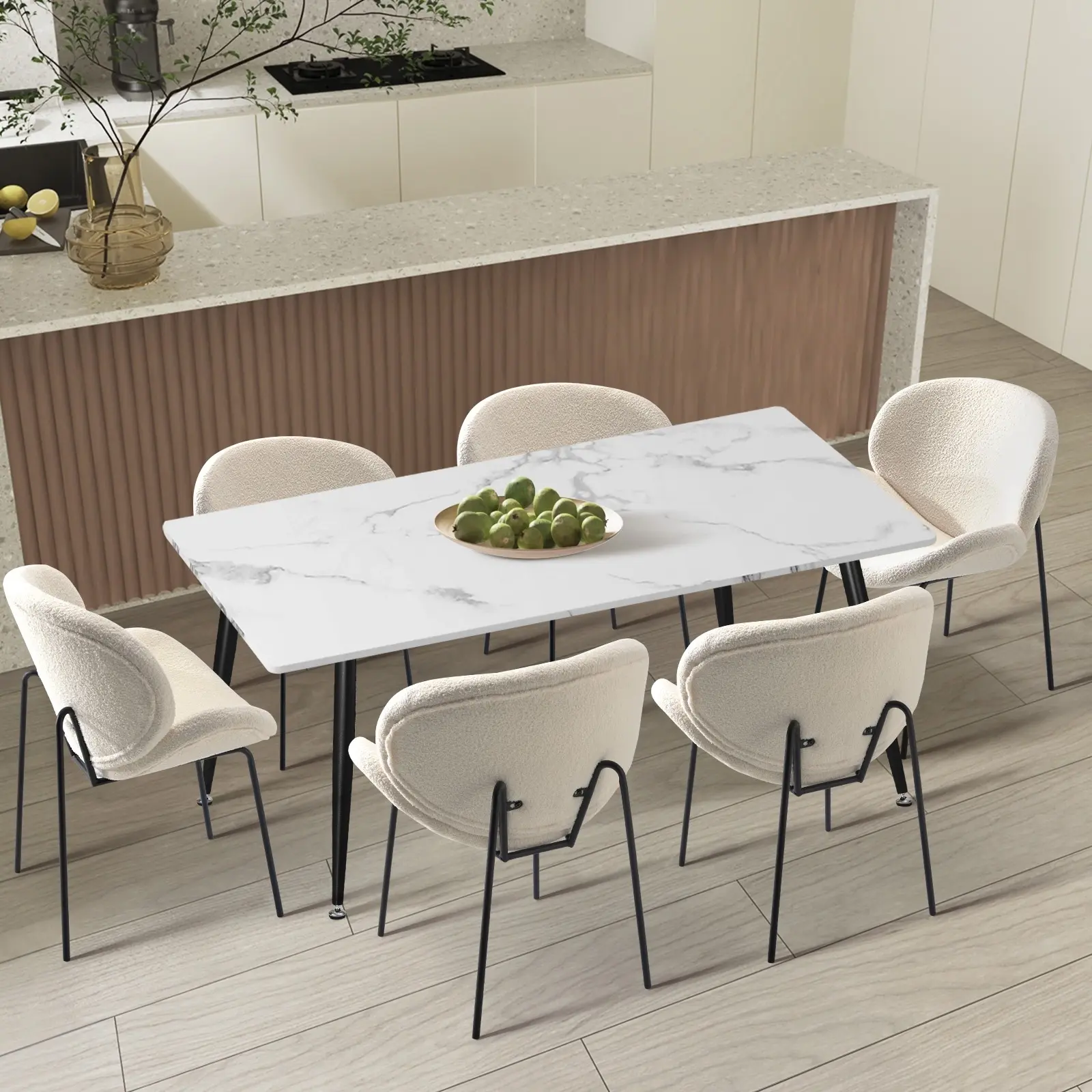 Oikiture 120cm Rectangle Dining Table with Dining Chairs x6 Sherpa White - Furniture