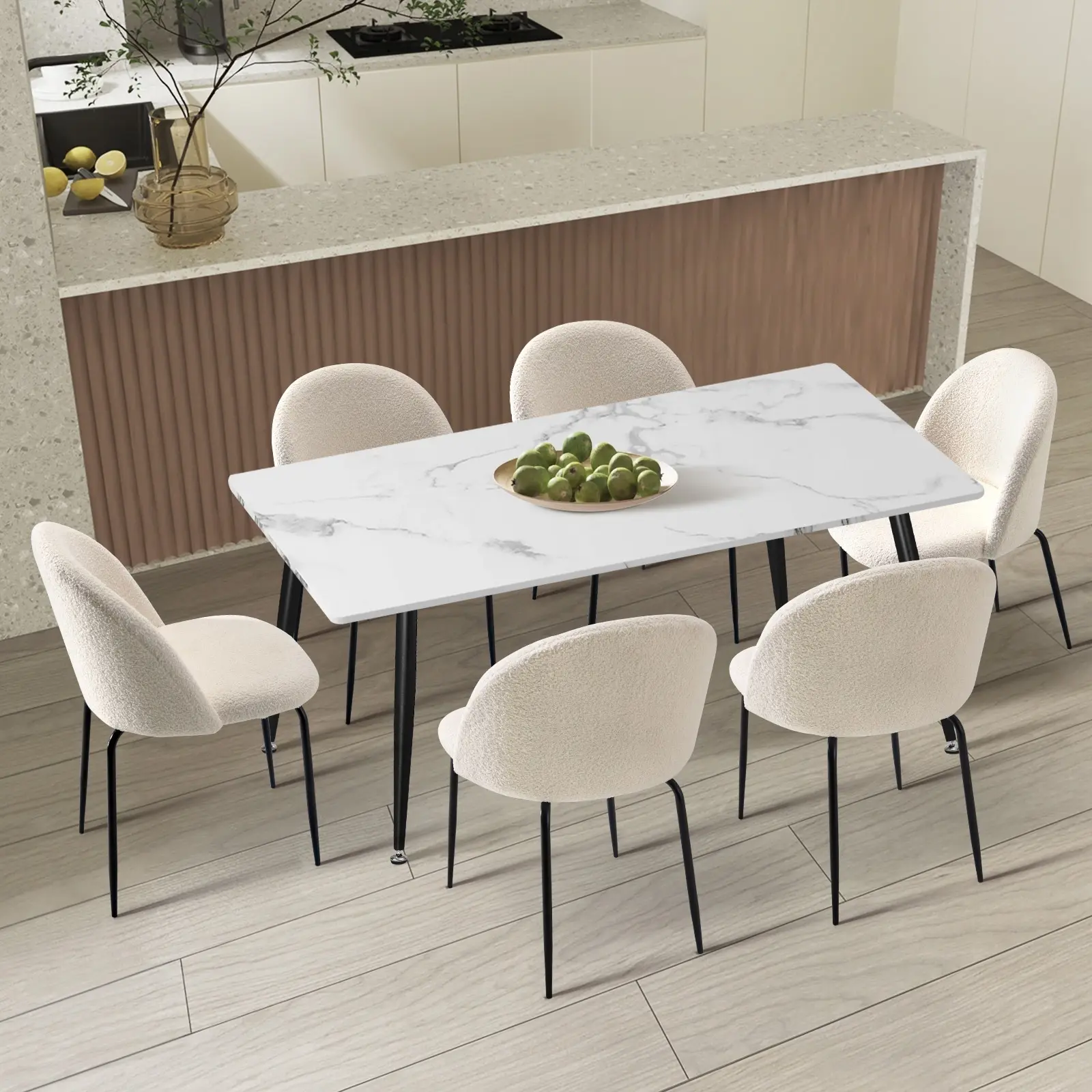 Oikiture 120cm Rectangle Dining Table with Dining Chairs Sherpa White Set of 6 - Furniture