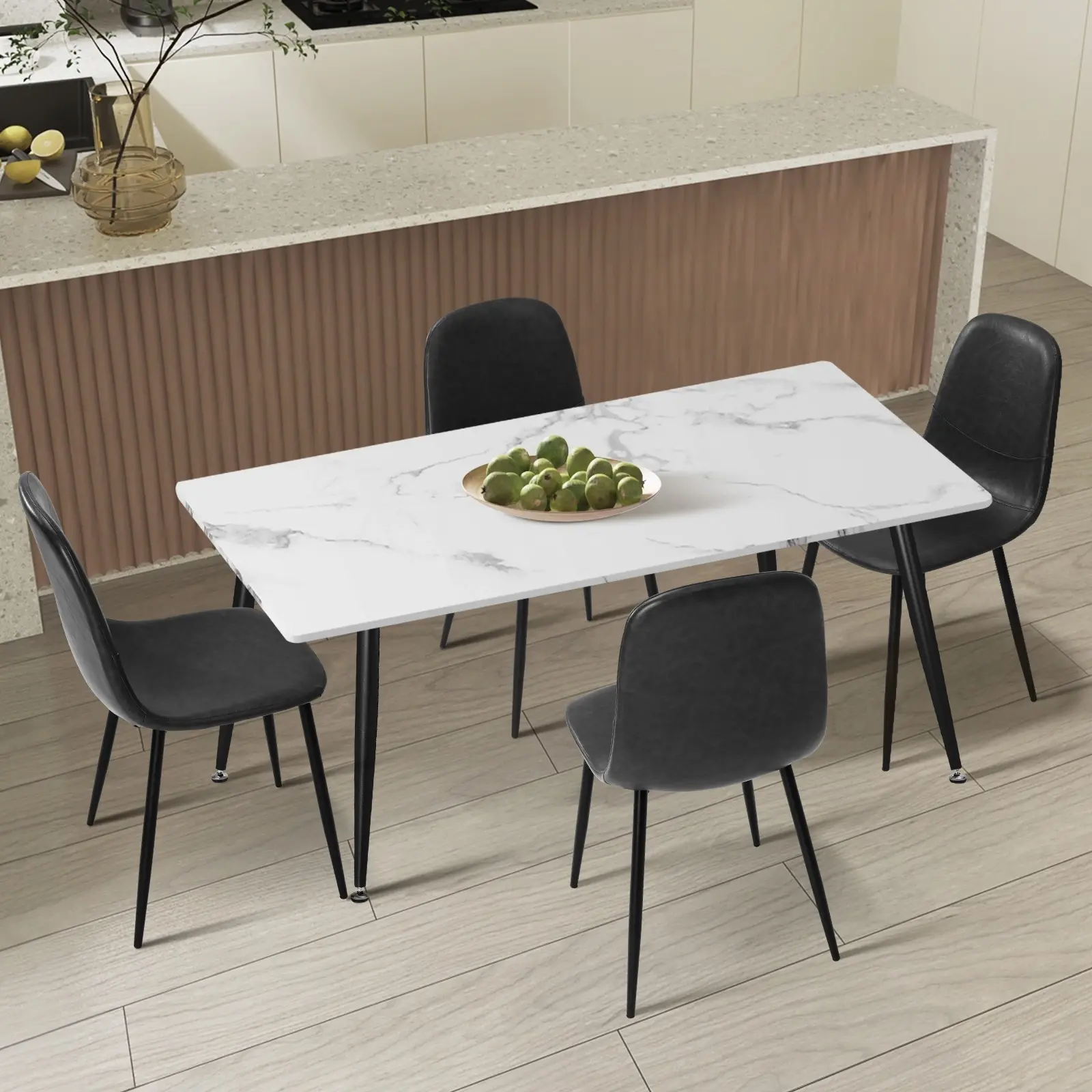 Oikiture 120cm Rectangle Dining Table with 4PCS Dining Chairs PU Grey - Furniture