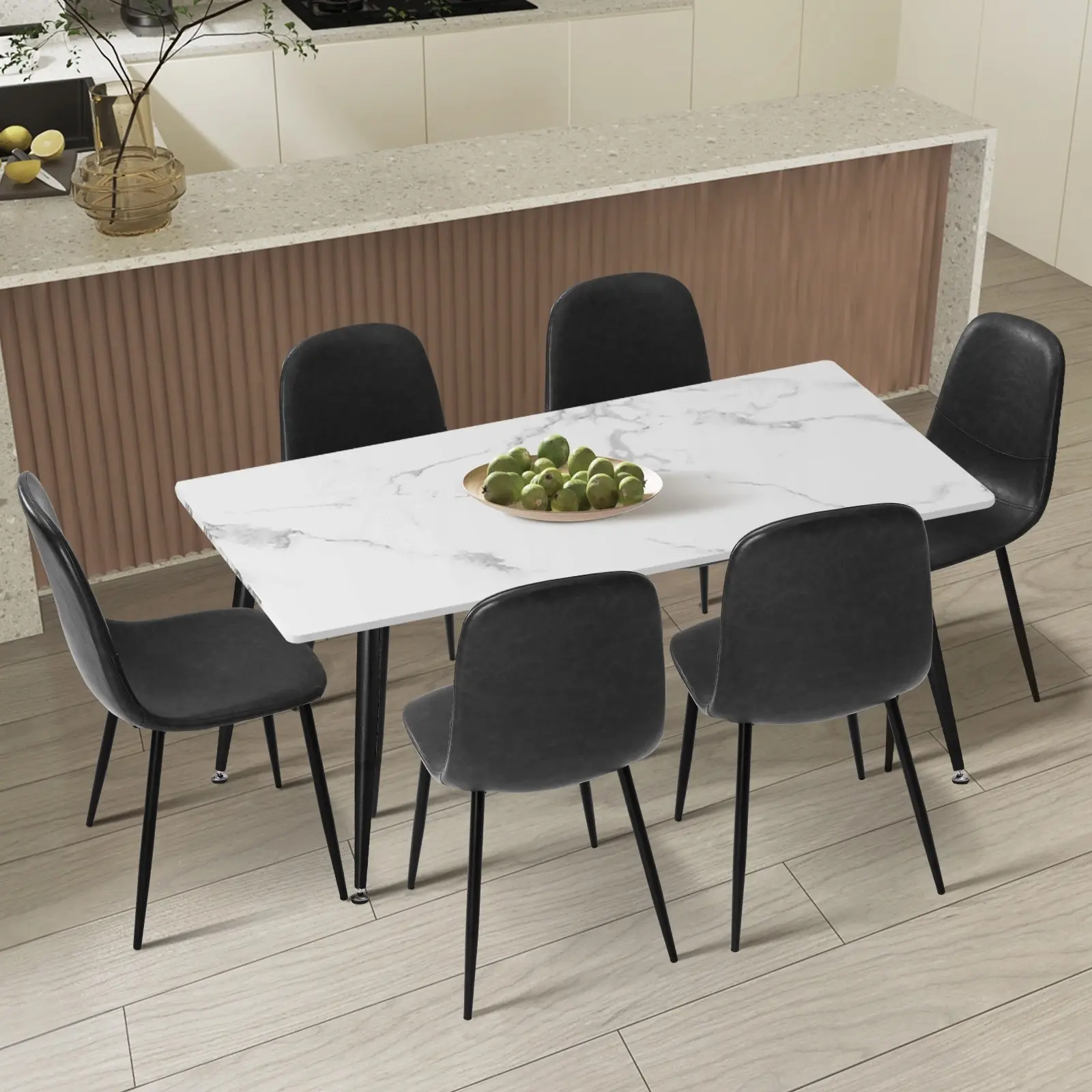 Oikiture 120cm Rectangle Dining Table with 6PCS Dining Chairs PU Grey - Furniture