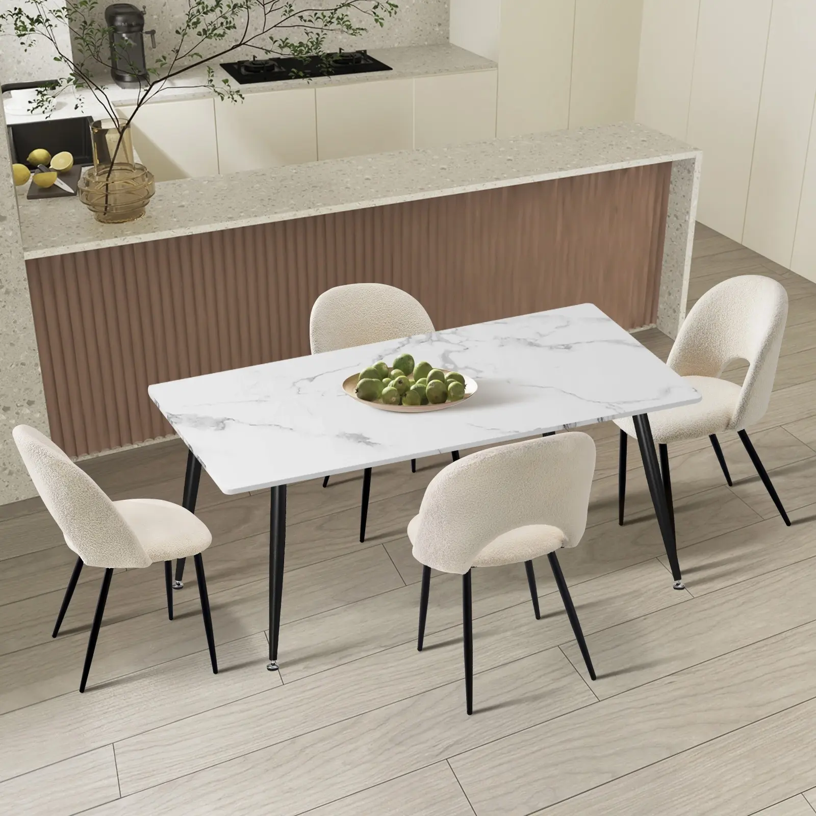 Oikiture 120cm Rectangle Dining Table with 4x Dining Chairs Sherpa White - Furniture