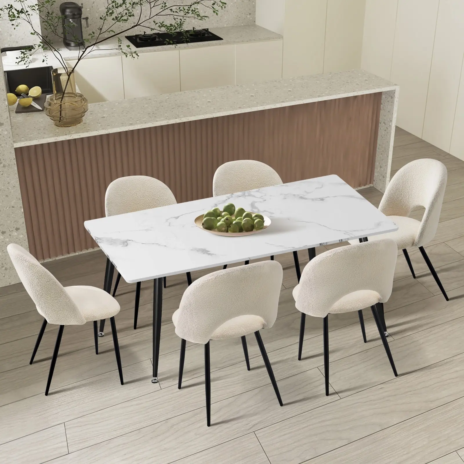 Oikiture 120cm Rectangle Dining Table with 6x Dining Chairs Sherpa White - Furniture
