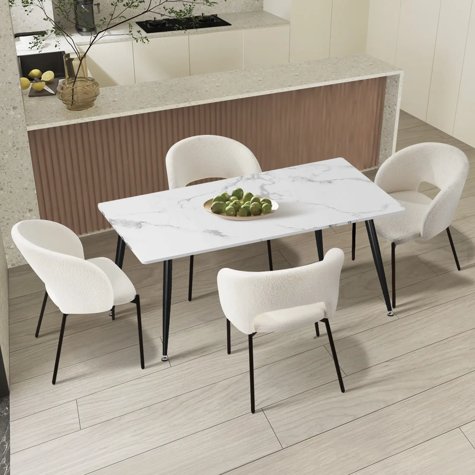 Oikiture 5PCS Dining sets 120cm Rectangle Table with 4PCS Chairs Sherpa White - Furniture