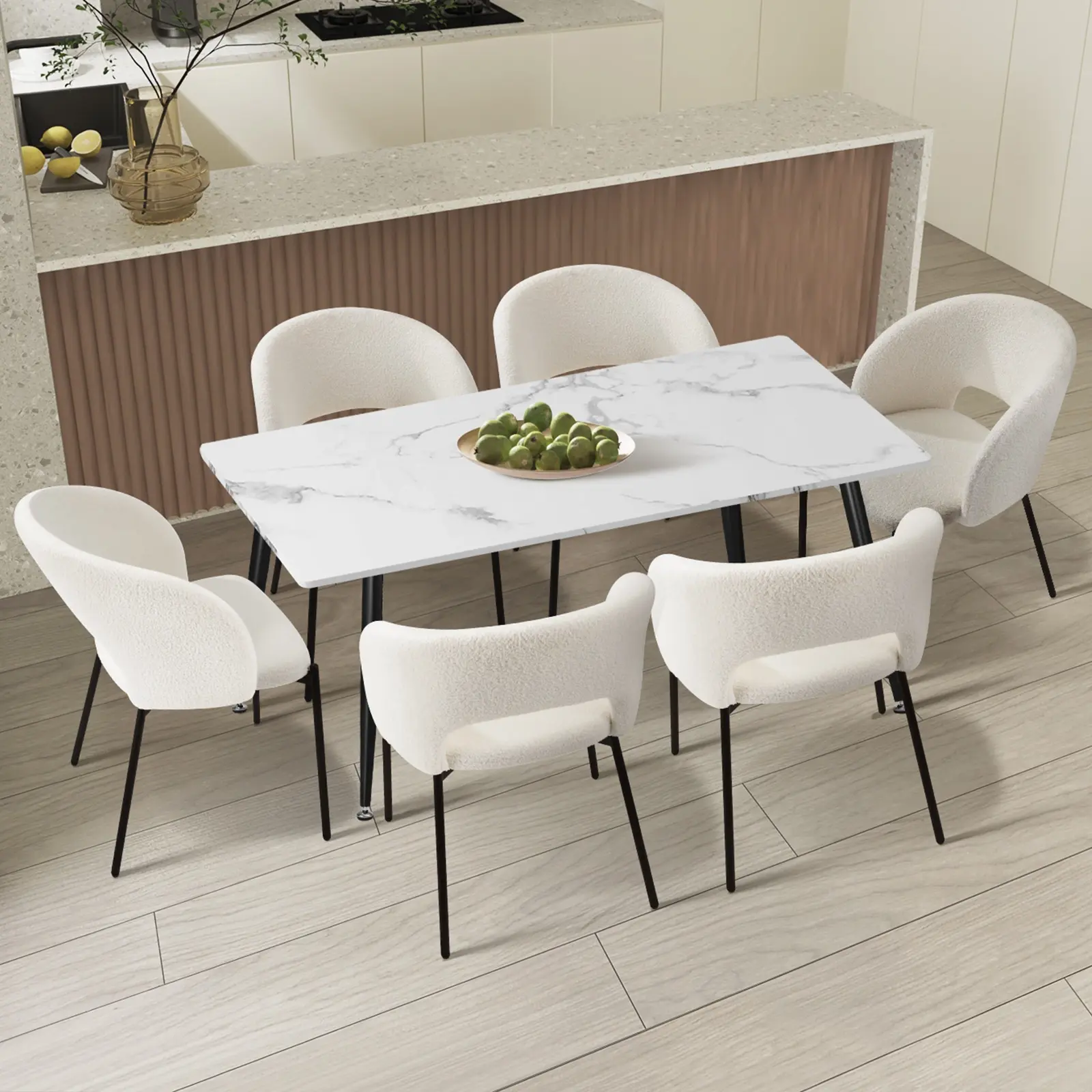 Oikiture 7PCS Dining sets 120cm Rectangle Table with 6PCS Chairs Sherpa White - Furniture