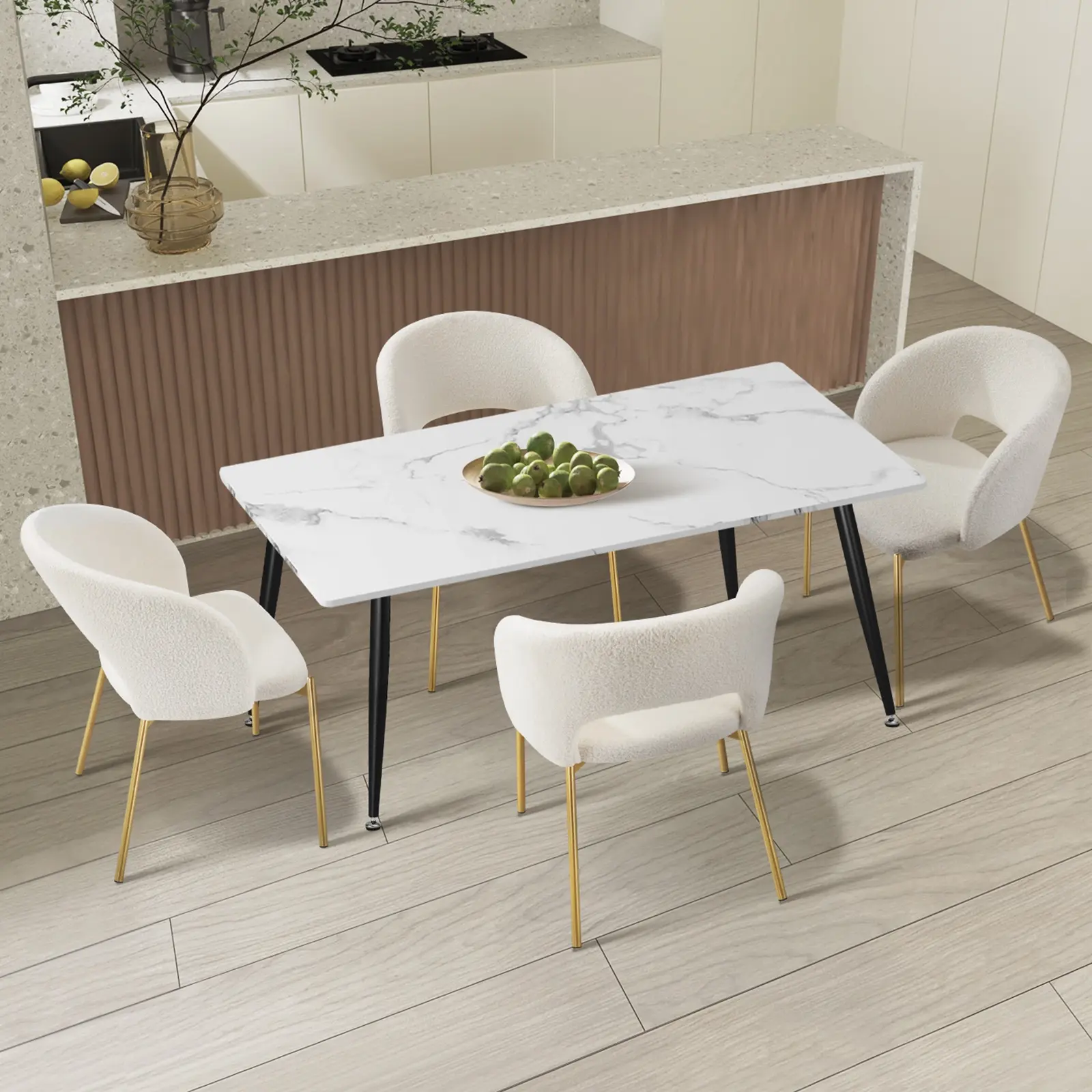 Oikiture 5PCS Dining sets 120cm Rectangle Table with 4PCS Chairs Sherpa White1 - Furniture