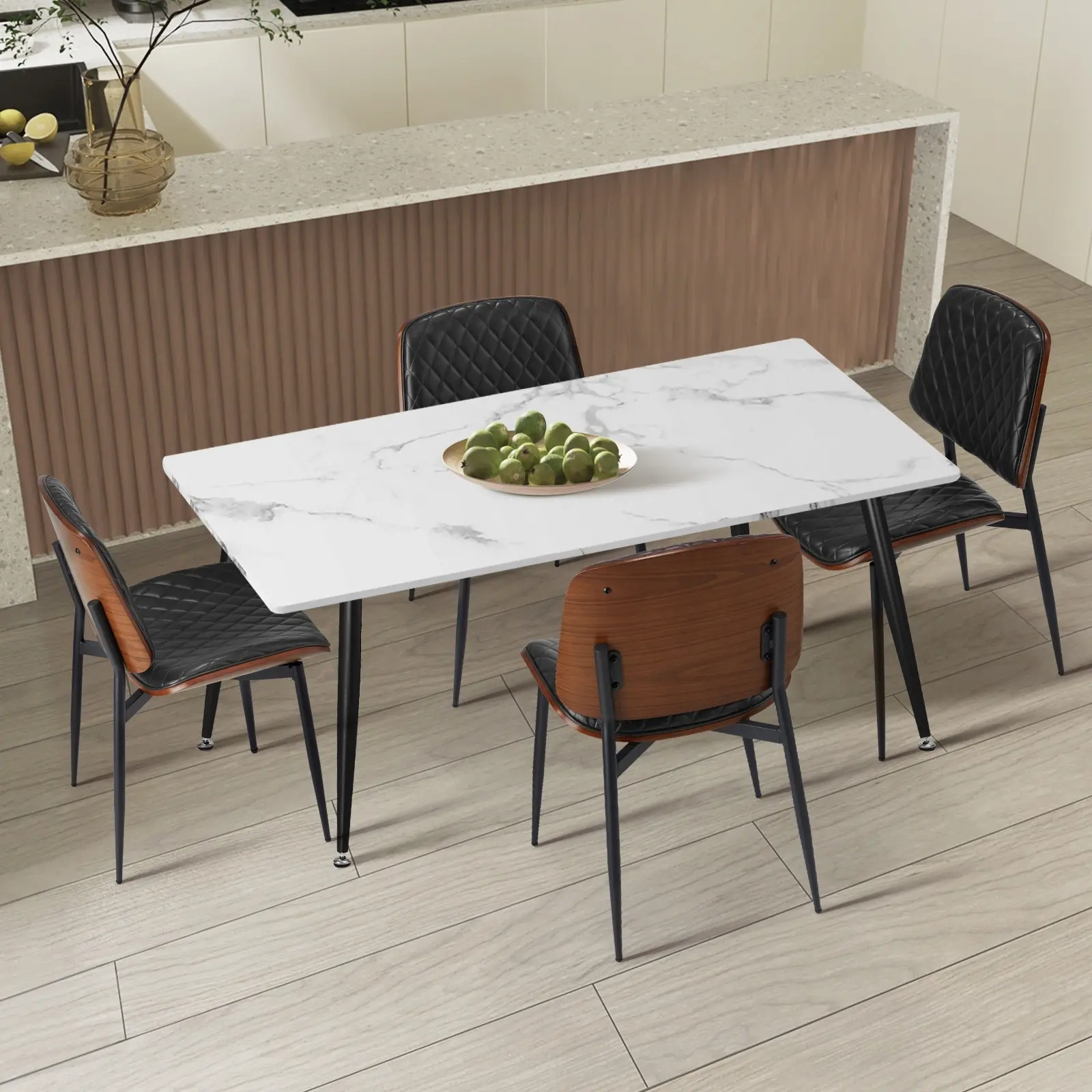 Oikiture 120cm Rectangle Dining Table with 4PCS Dining Chairs PU Black - Furniture