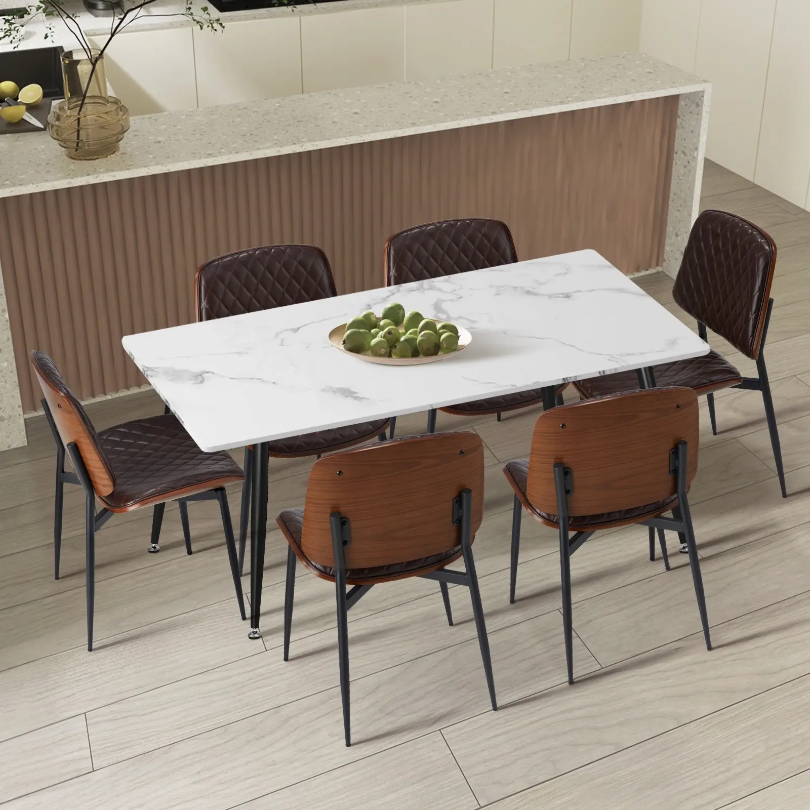 Oikiture 120cm Rectangle Dining Table with 6PCS Dining Chairs PU Walnut - Furniture