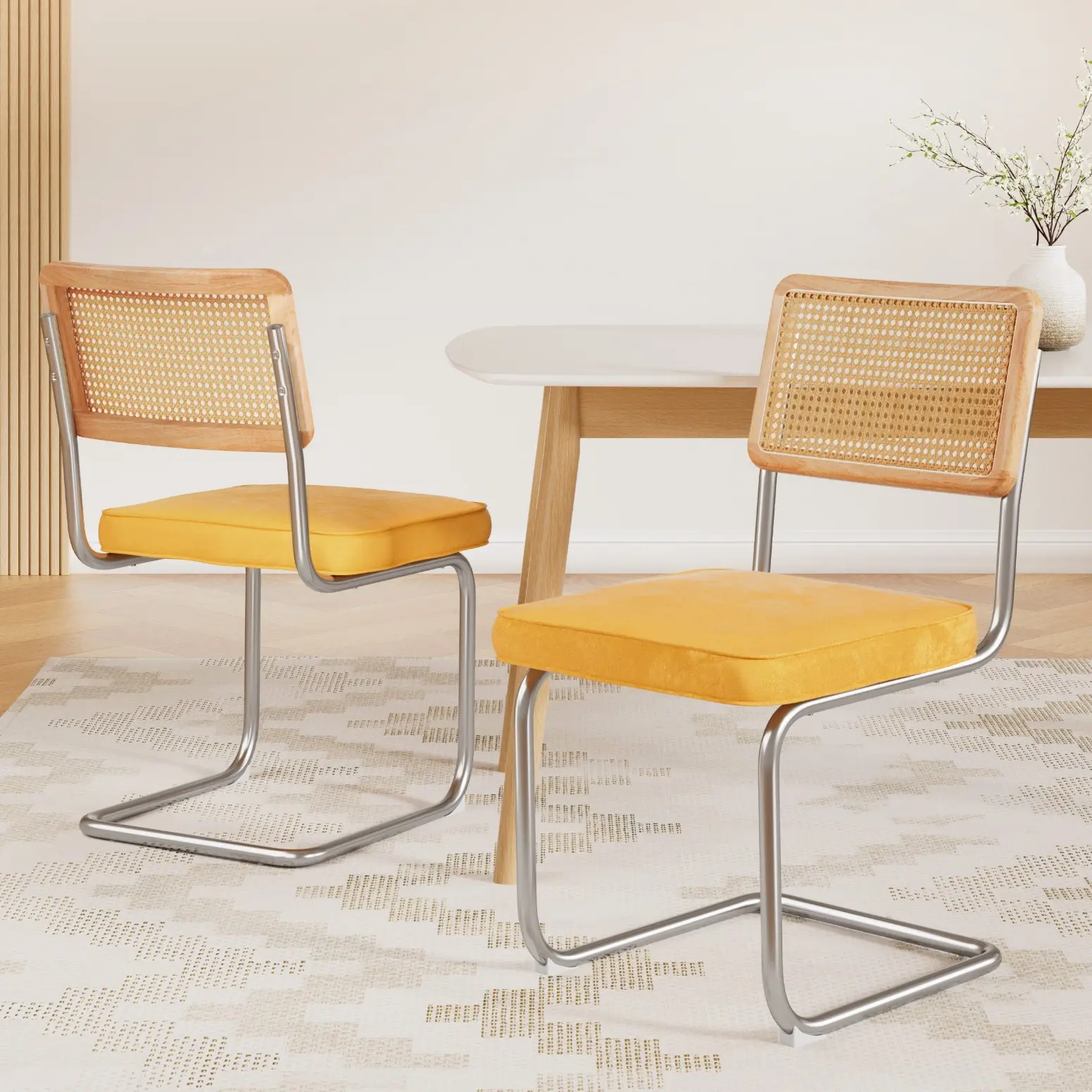 Artiss Dining Chairs Set of 2 Velvet Rattan Cantilever Yellow - Furniture