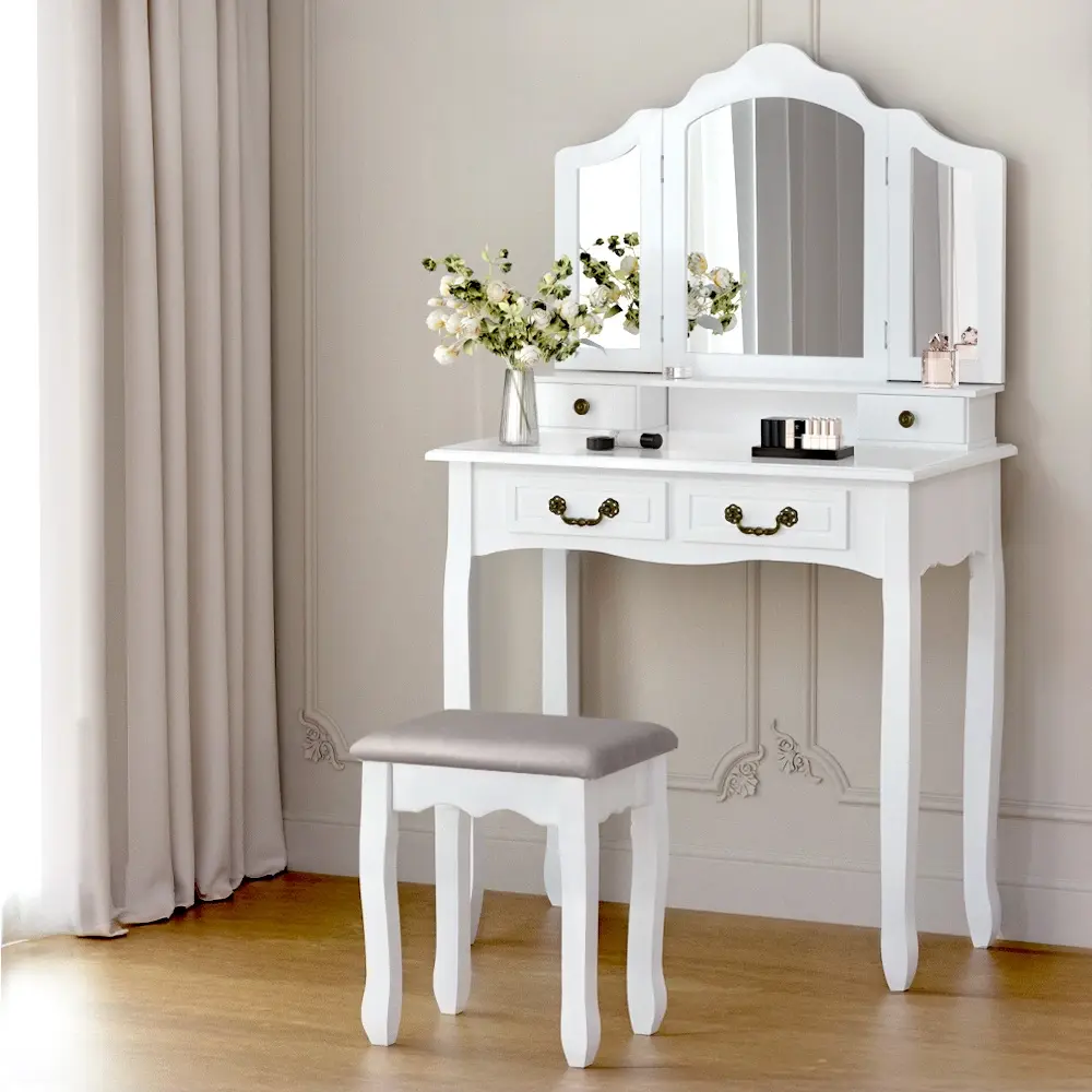 Artiss Dressing Table Stool Set Foldable Mirror White - Furniture