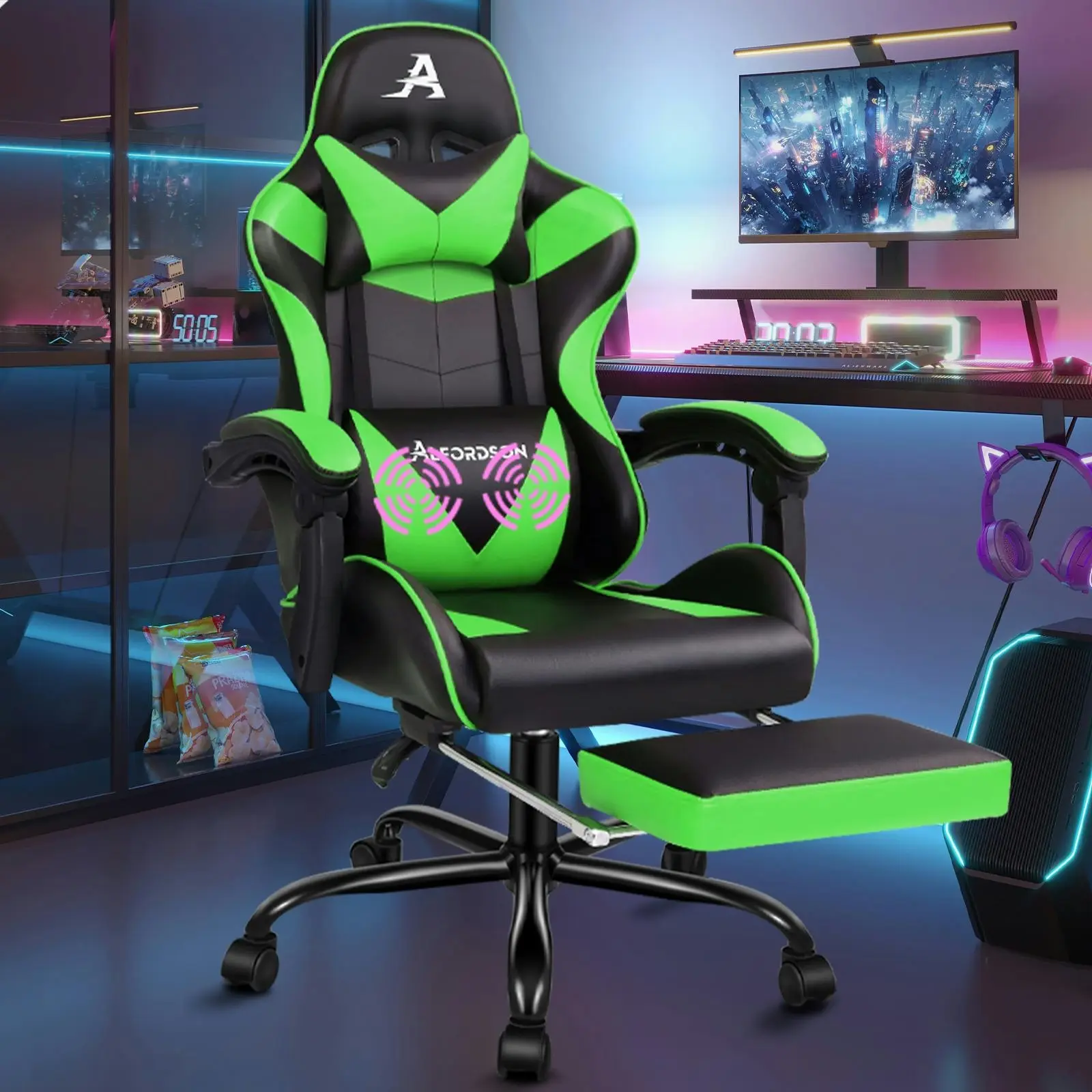 Alfordson Gaming Chair with Lumbar Massage Office Chair Black & Green - Furniture