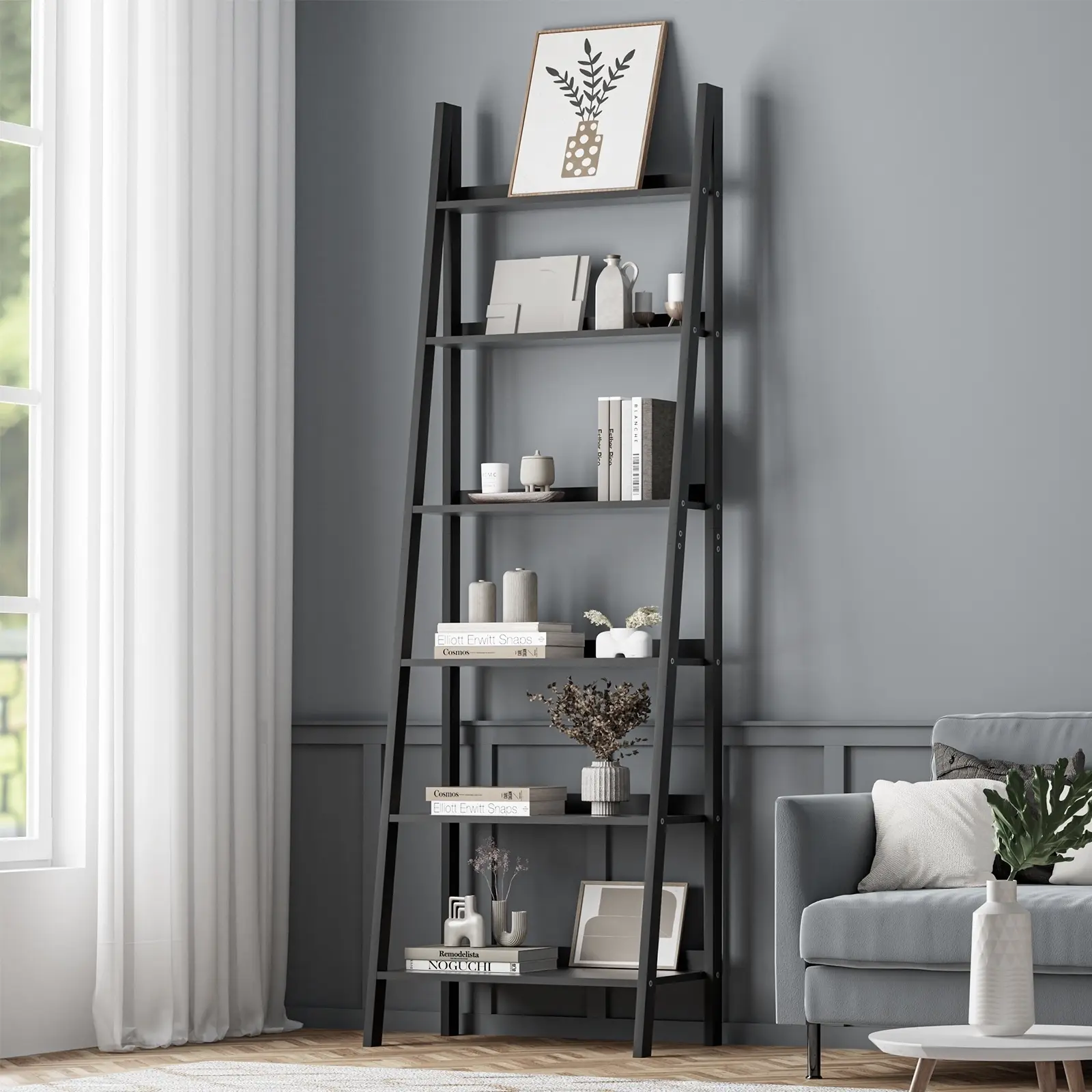 Oikiture Bookshelf 6 Tier Corner Ladder Shelf Home Storage Display Rack Black - Furniture