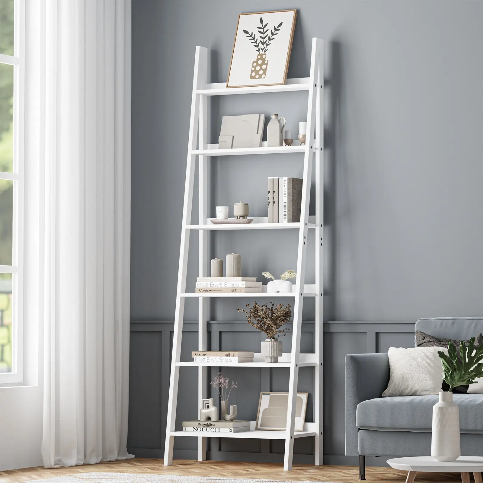 Oikiture Bookshelf 6 Tier Corner Ladder Shelf Home Storage Display Rack White - Furniture