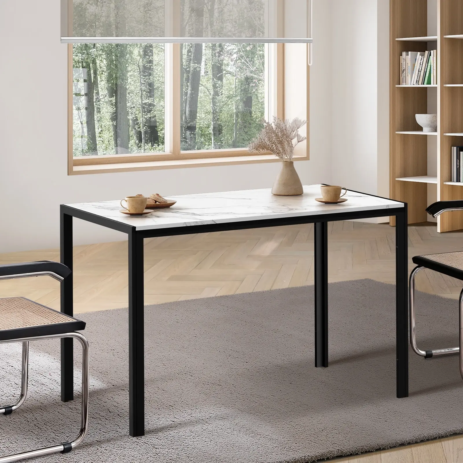 Oikiture 120cm Dining Table Rectangular Kitchen Table with Metal Leg White&Black - Furniture