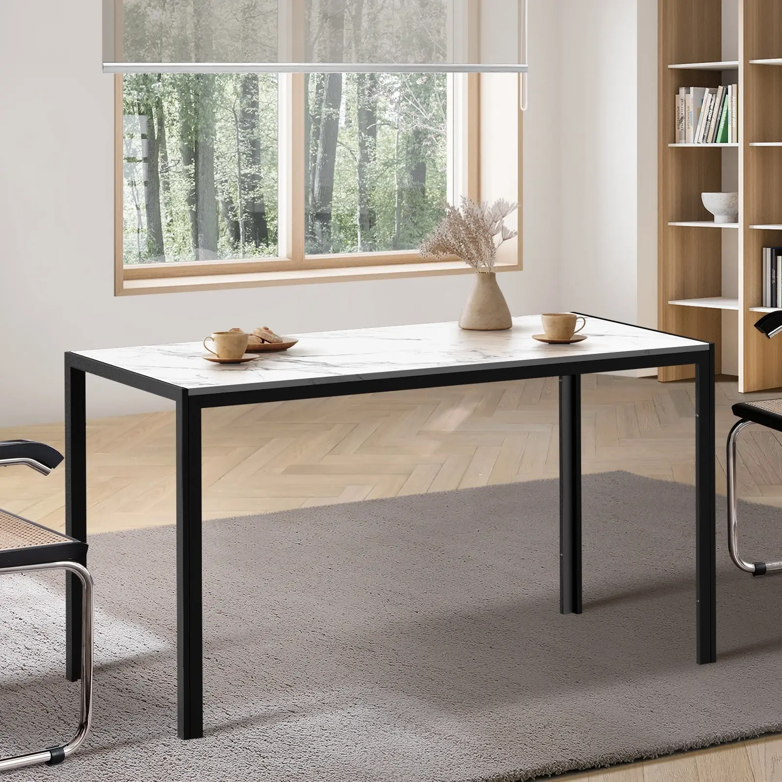 Oikiture 140cm Dining Table Rectangular Kitchen Table with Metal Leg White&Black - Furniture
