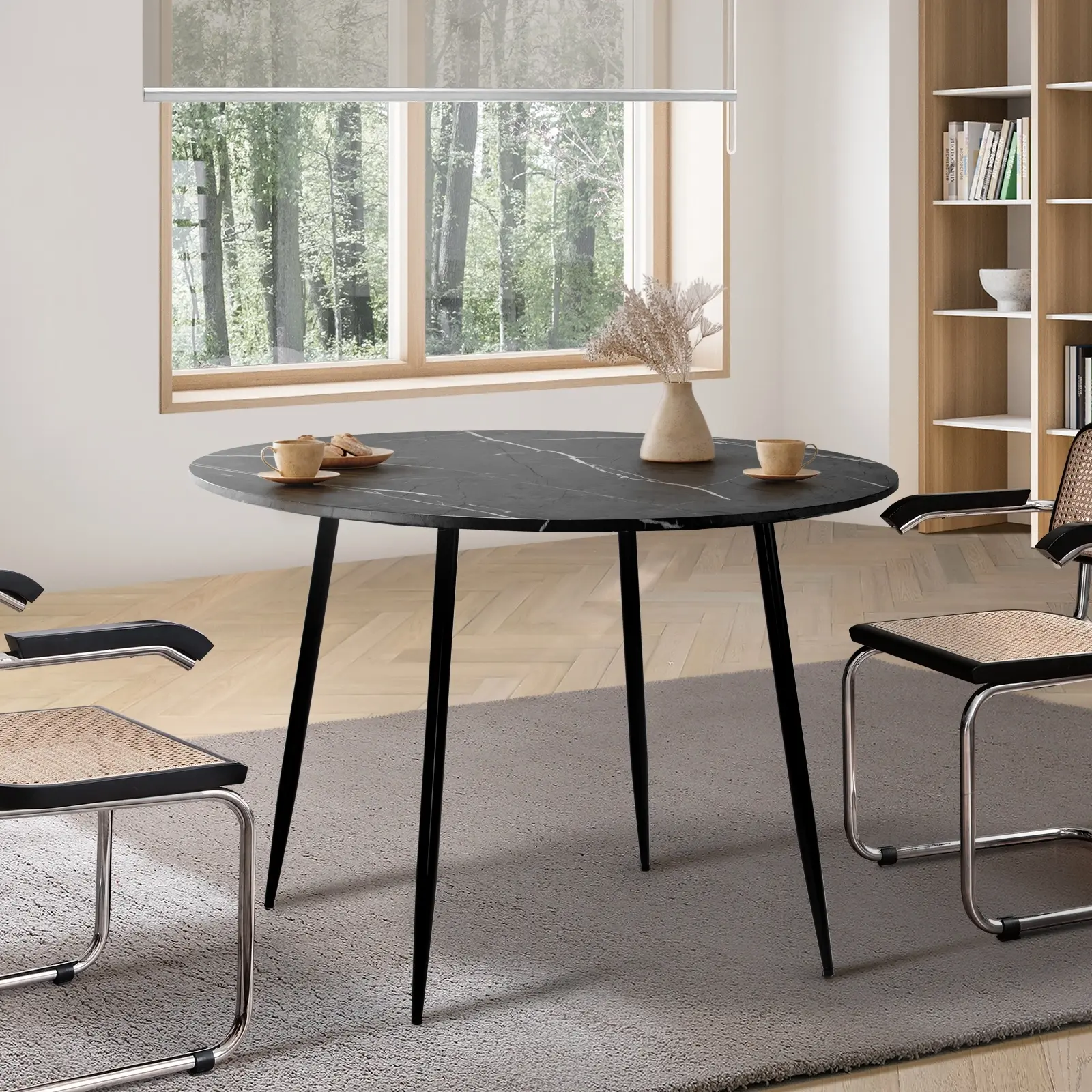 Oikiture 110cm Dining Table Round Wooden Table With Marble Effect Metal Legs GY - Furniture