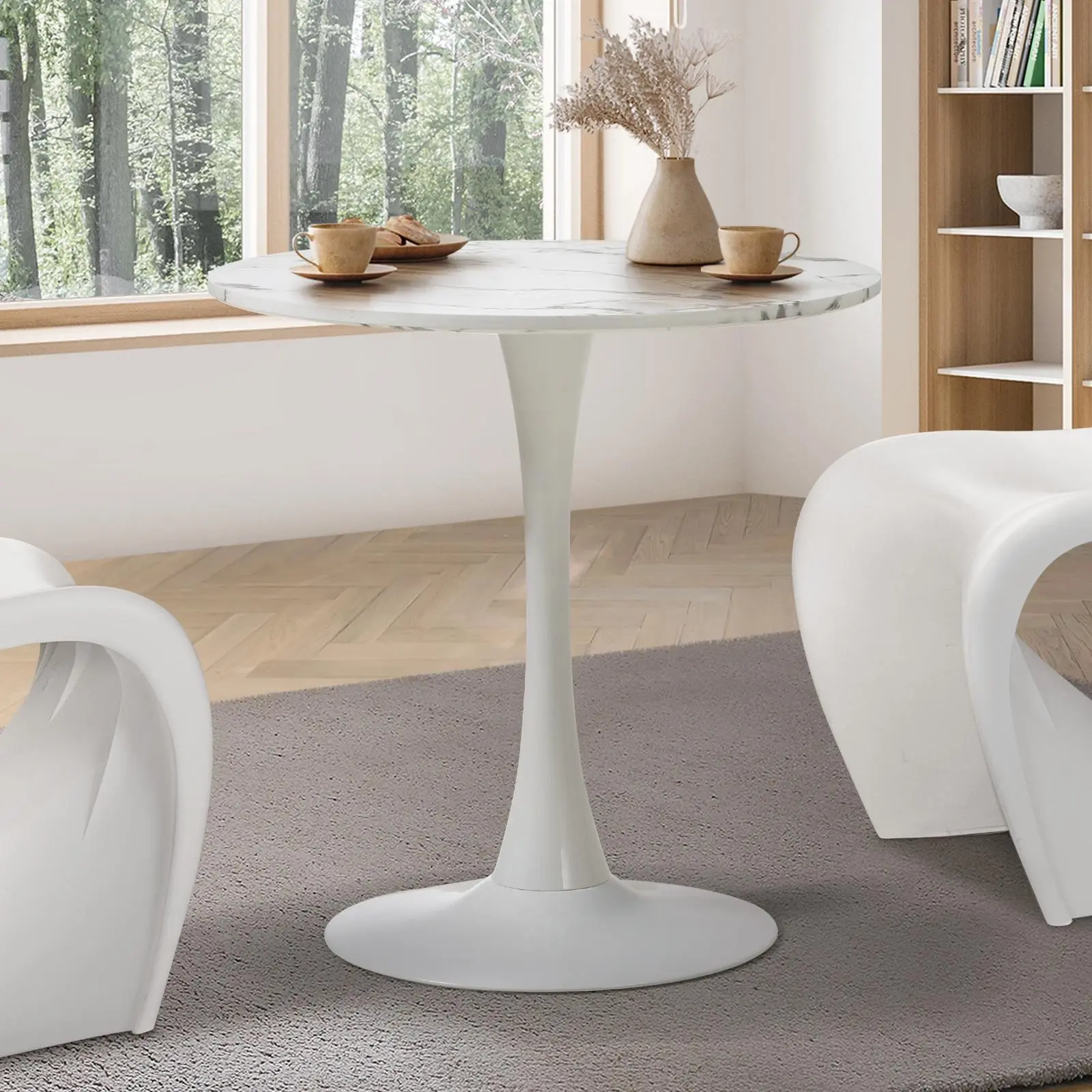 Oikiture 60cm Dining Table Kitchen Marble Tulip Round Metal Leg White - Furniture