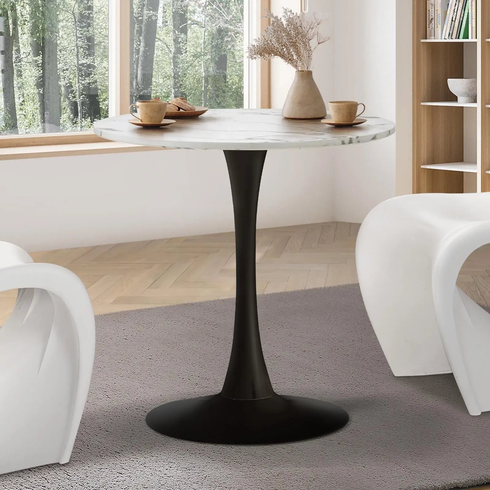 Oikiture 60cm Dining Table Kitchen Marble Tulip Round Metal Leg White&Black - Furniture