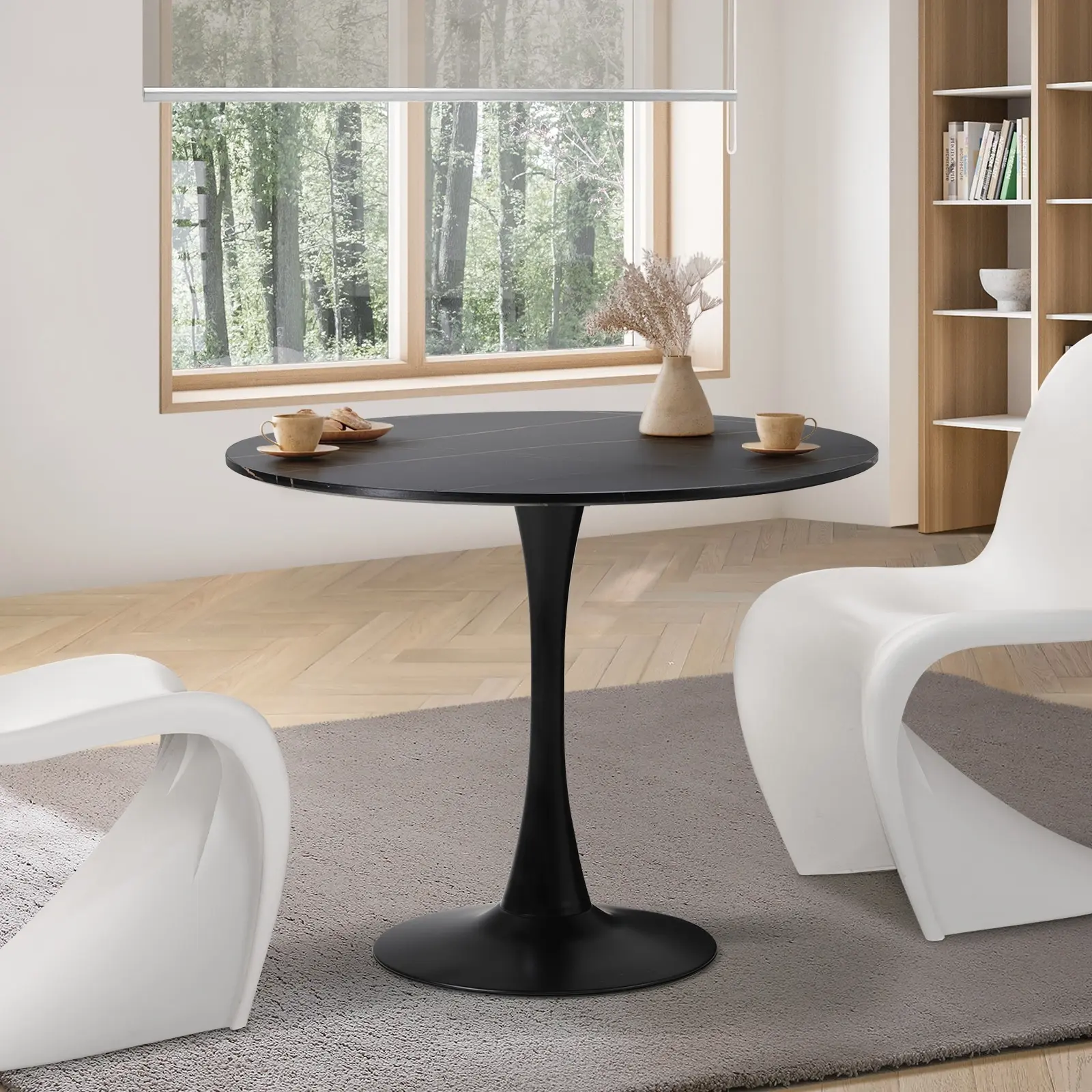Oikiture 90cm Dining Table Kitchen Swivel Marble Tulip Round Metal Leg Black - Furniture
