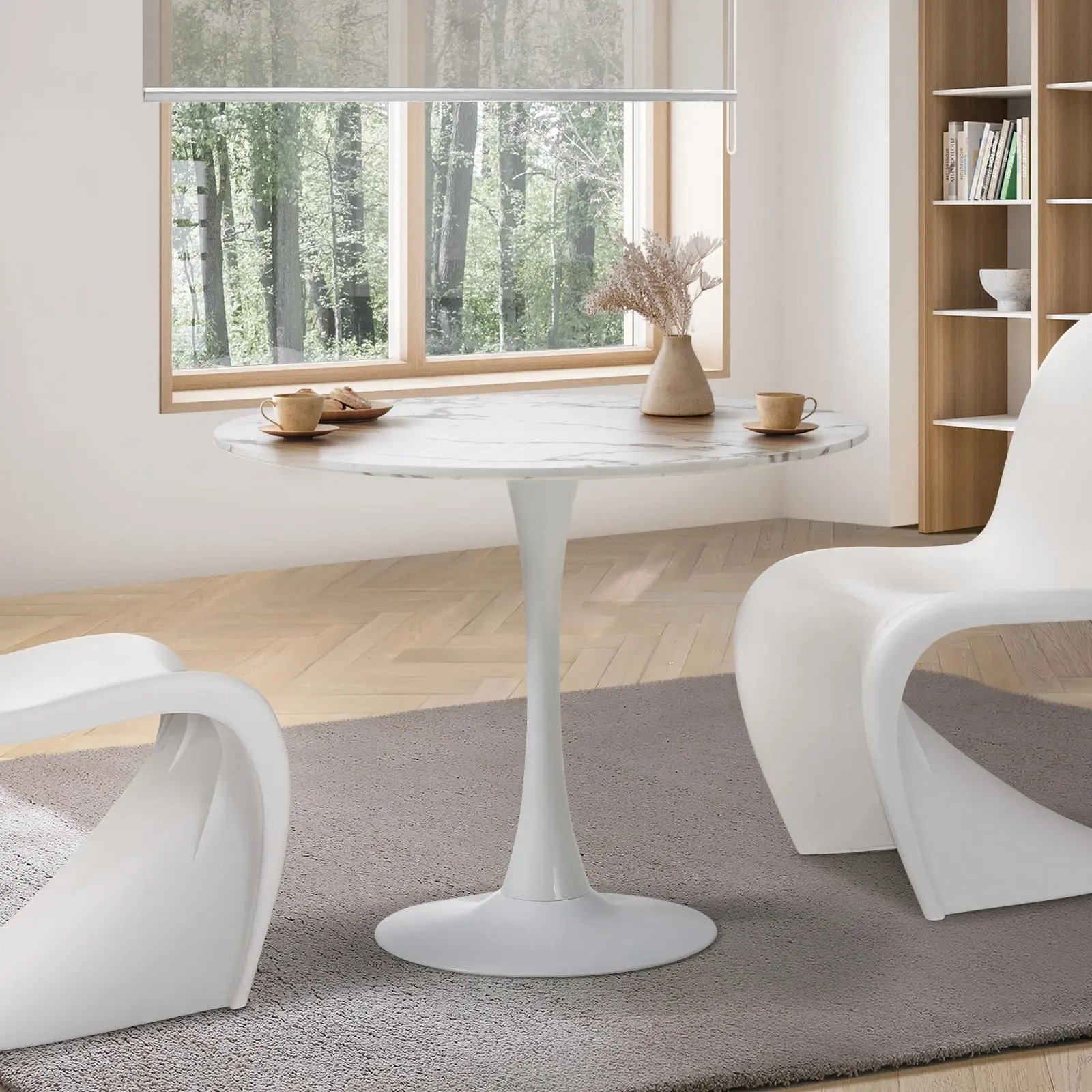 Oikiture 90cm Dining Table Kitchen Marble Tulip Round Metal Leg White - Furniture