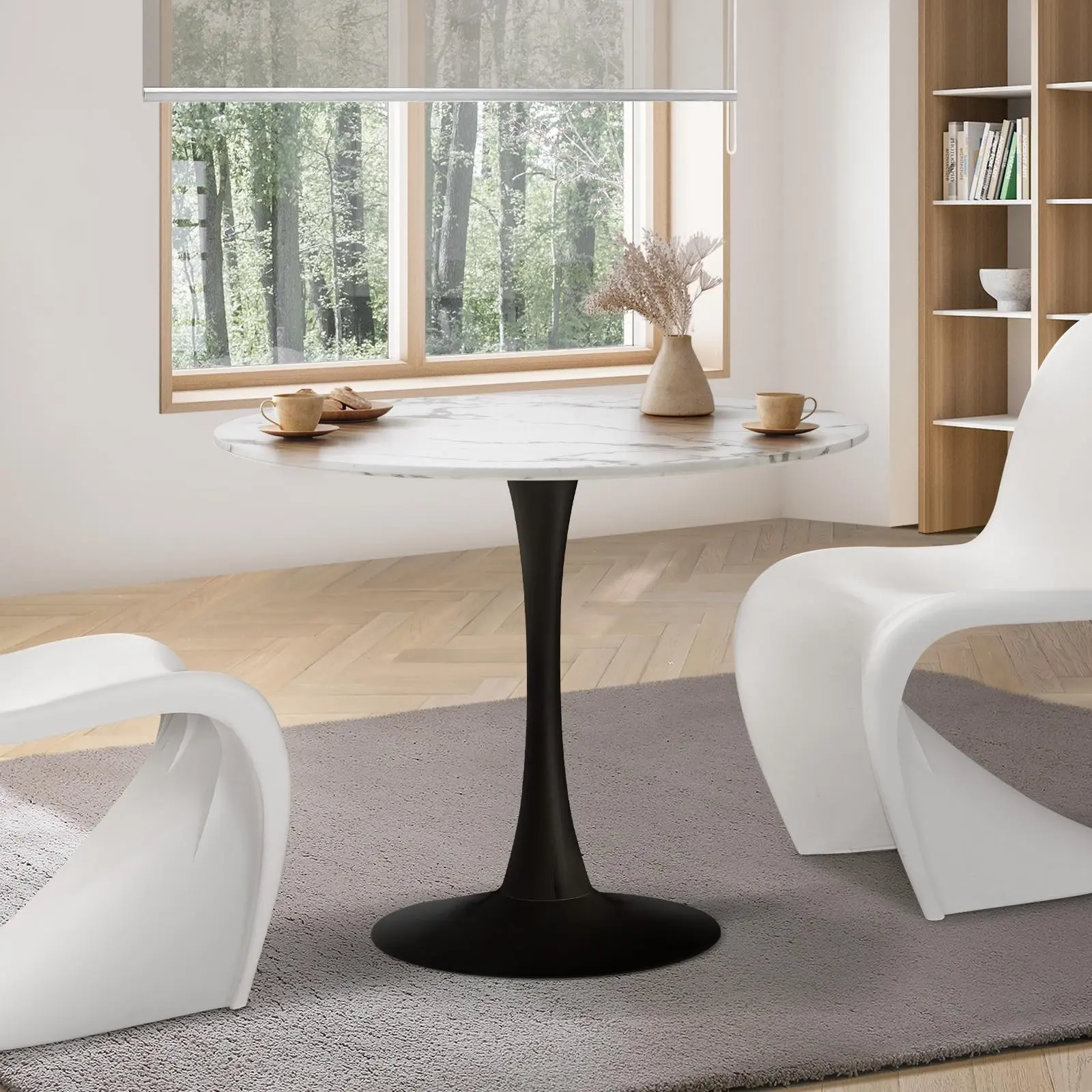Oikiture 90cm Dining Table Kitchen Marble Tulip Round Metal Leg White&Black - Furniture
