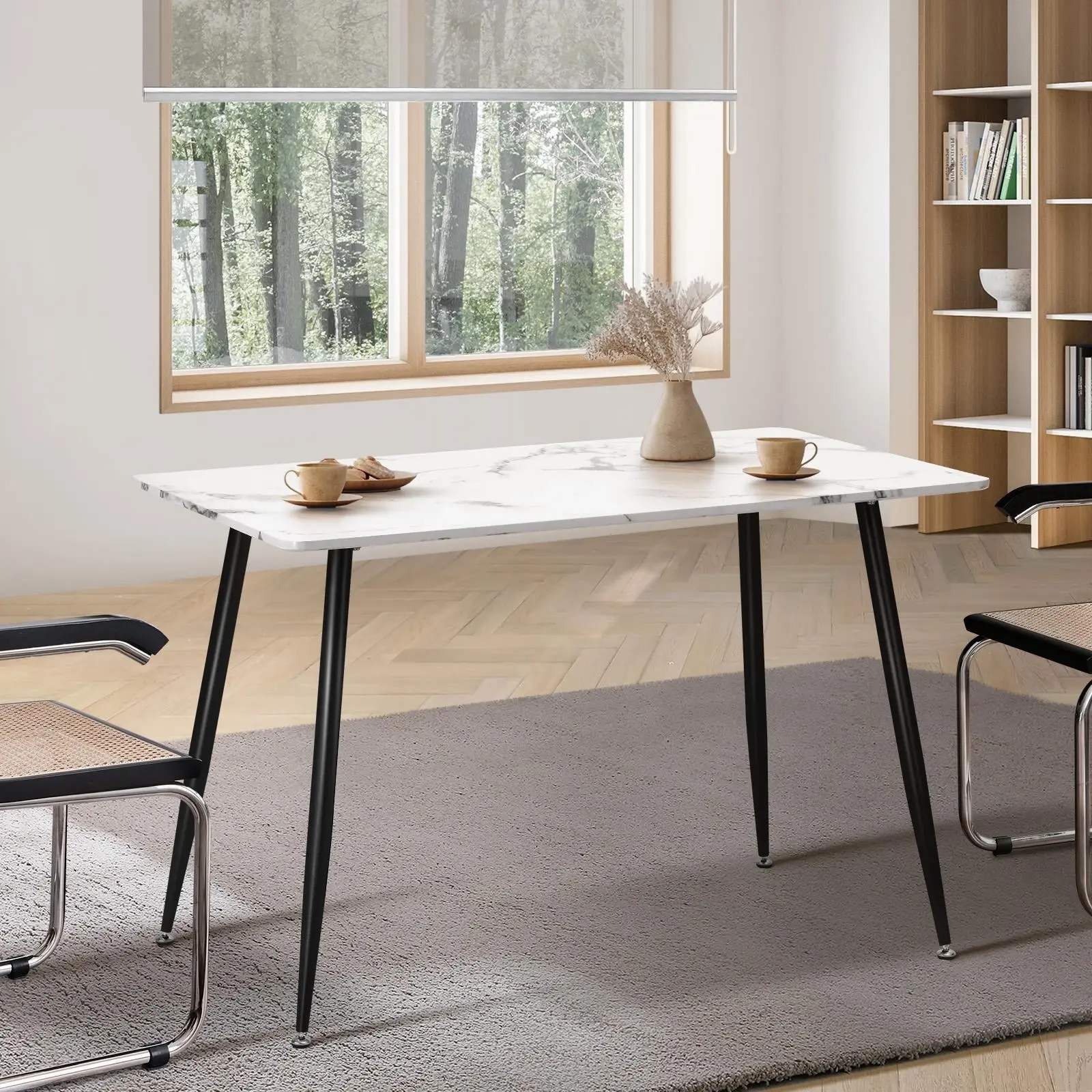 Oikiture 120cm Dining Table Rectangle Wooden Table With Marble Effect Metal Legs White&Black - Furniture