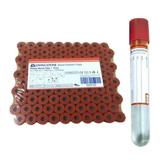 Livingstone Blood Collection Plastic Serum Tube 10mL 16 x 100mm Red Non Spill Cap 100 Pack - Commercial