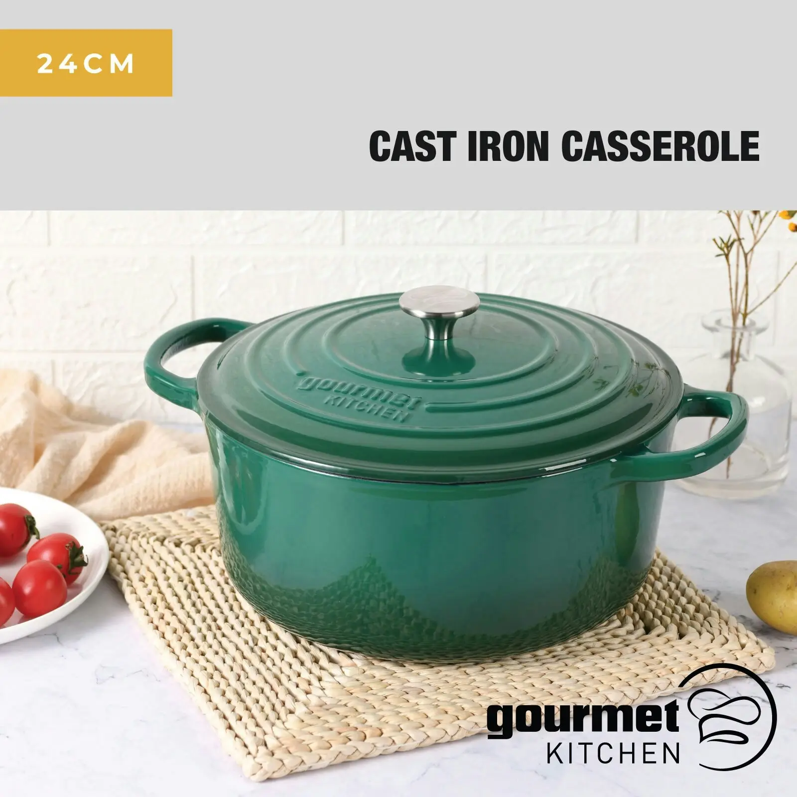 Gourmet Kitchen Cast Iron Casserole 24cm Eden Green - Home & Garden