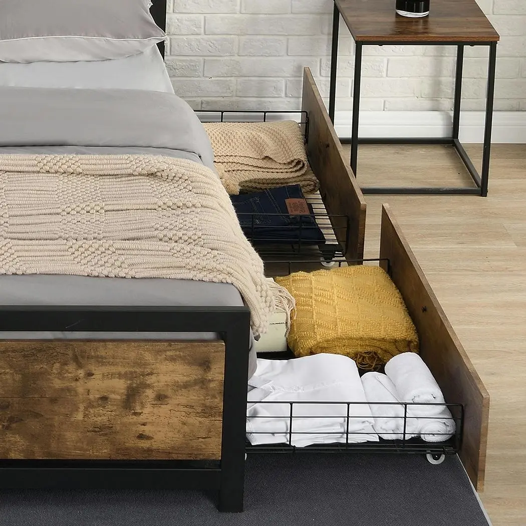 Levede 4 Double Bed Frame Storage Drawers Metal Wooden Wood Bonus Bottom Mat - Top Selling Beds