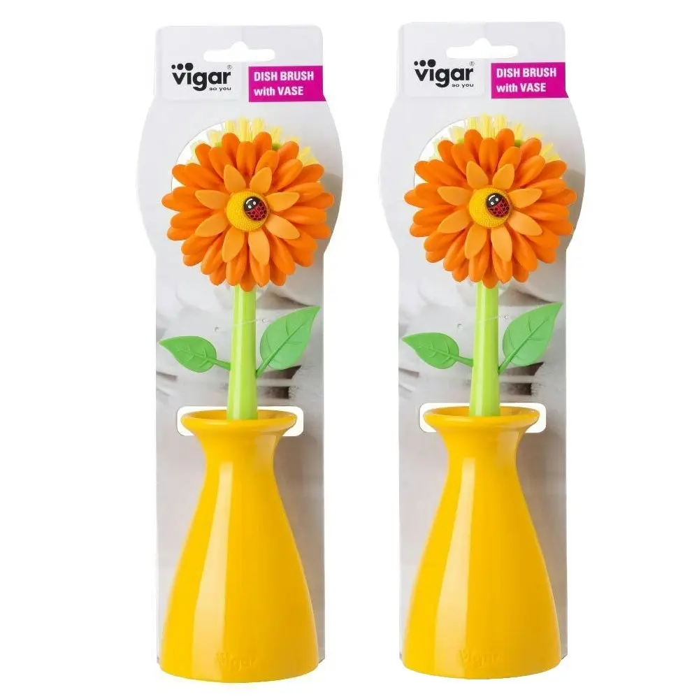 2x Vigar Flower Power Dish Brush Plate/Bowl Cleaner Scrubber w/Vase Orange - Home & Garden