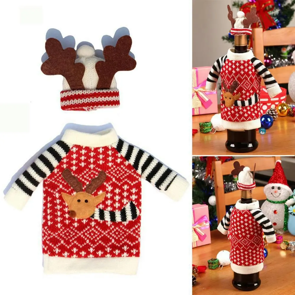 3Pcs Christmas Wine Bottle Decor Set Holiday Wine Bottle Sweater Cover with Hat - Up to 60% Off Christmas Decoration Specials