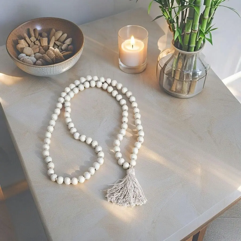 Willow & Silk Handmade 120cm Wooden White Beaded Garland w/Tassel - Home & Garden