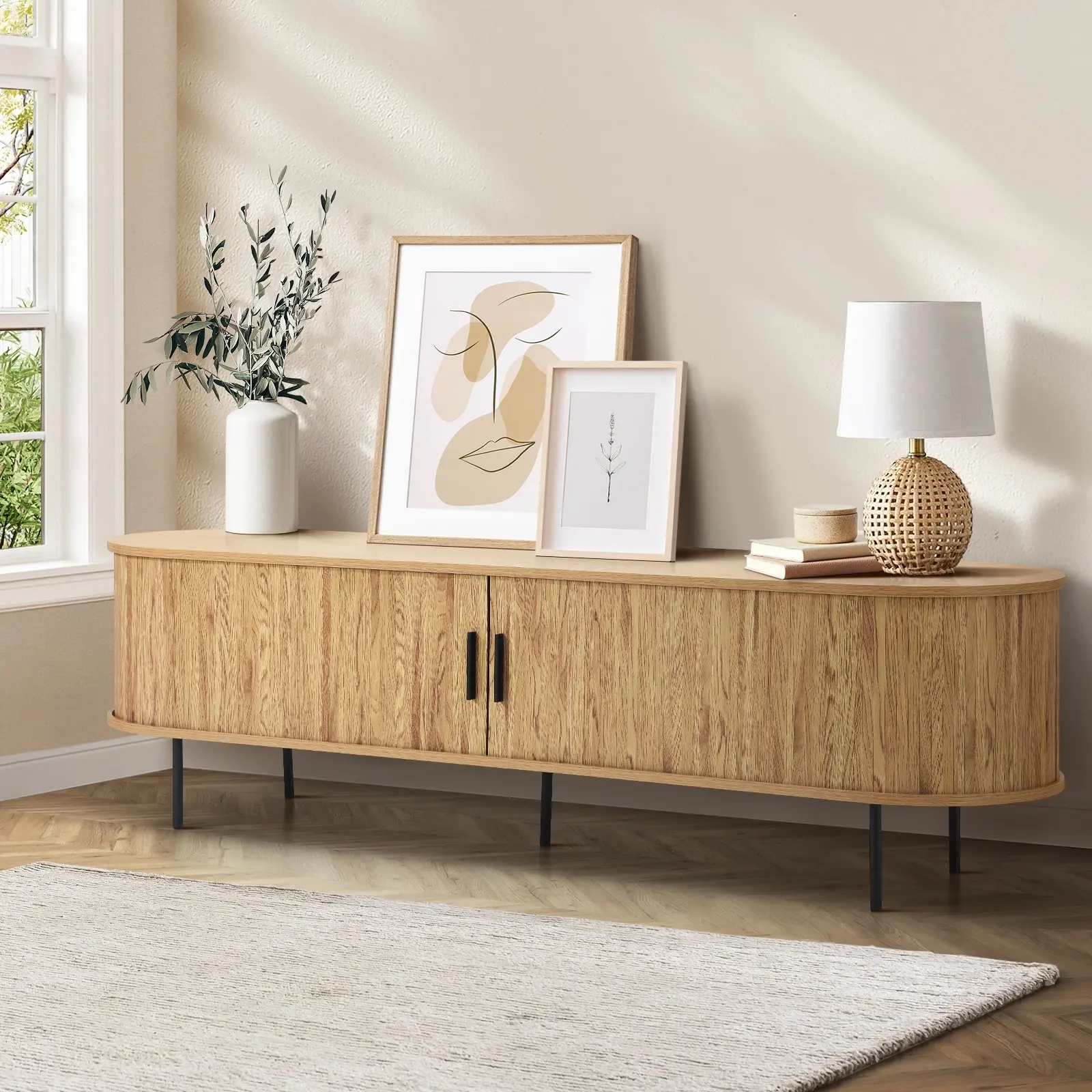 Oikiture Entertainment Unit TV Cabinet 160cm Tambour Sliding Doors - Over 40% off Living Room Furniture