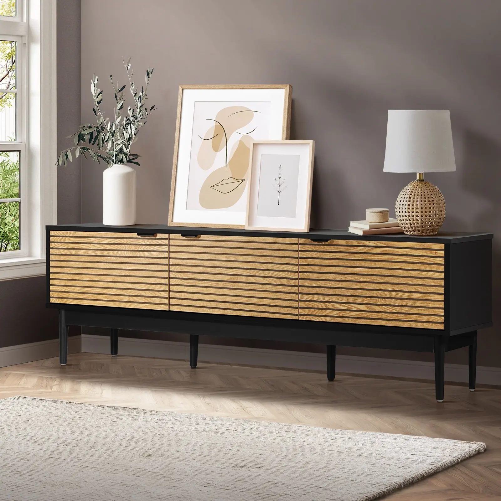 Oikiture TV Cabinet Entertainment Unit Stand Storage Three Door 160CM - Furniture