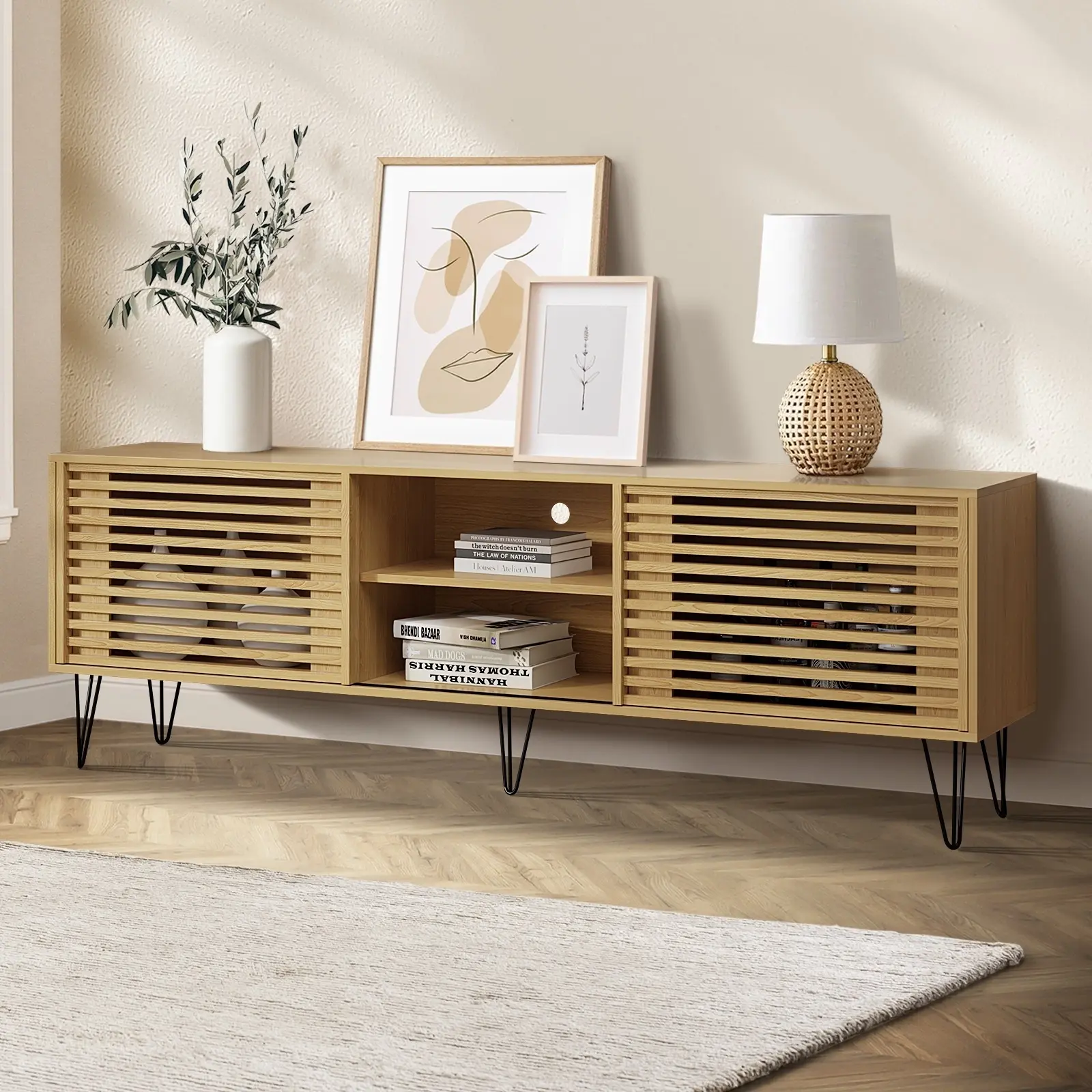 Oikiture TV Cabinet Entertainment Unit Stand Storage 180CM Oak - Furniture