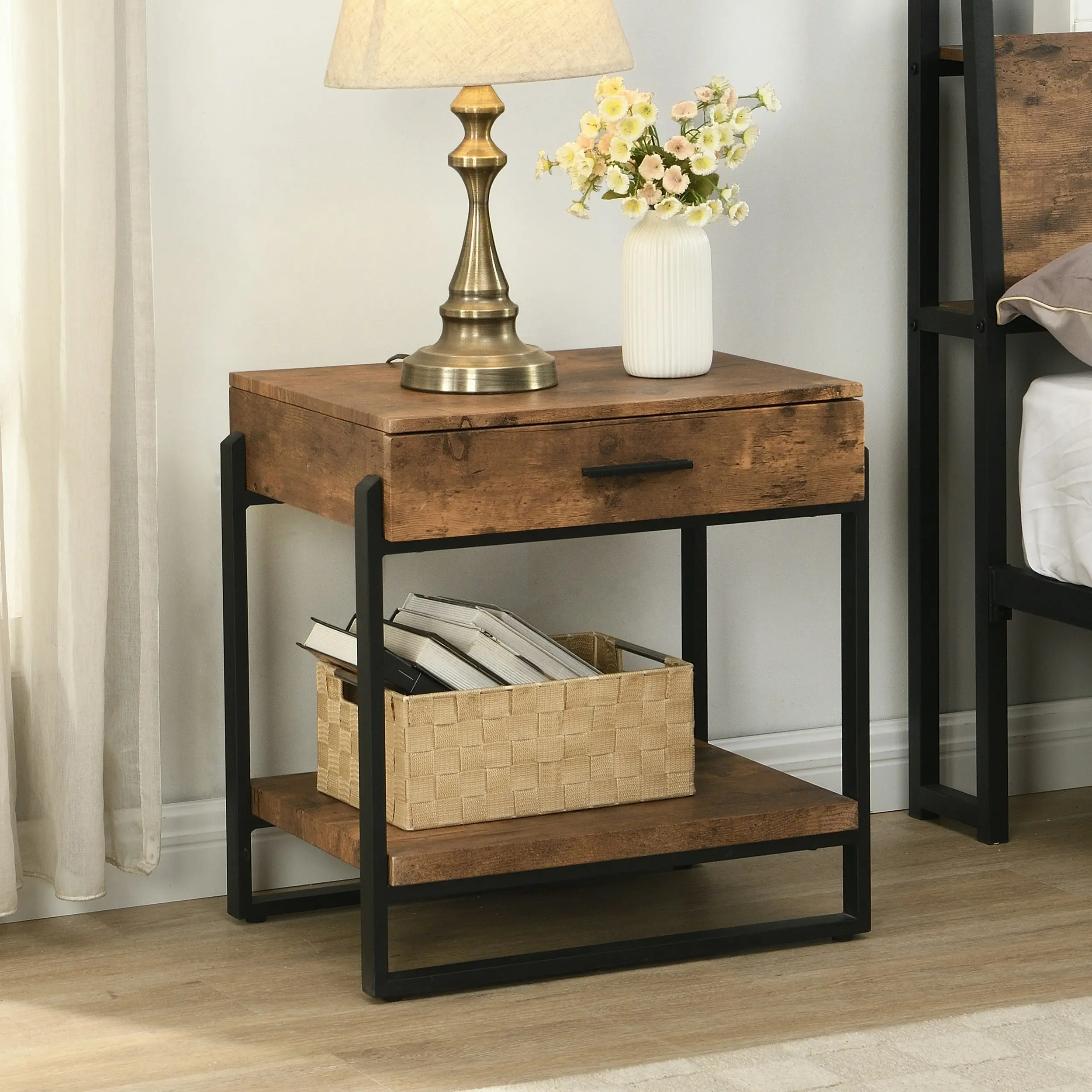 IHOMDEC Industrial Wood and Metal Night Stands with Drawer Rustic Dark Brown - Furniture