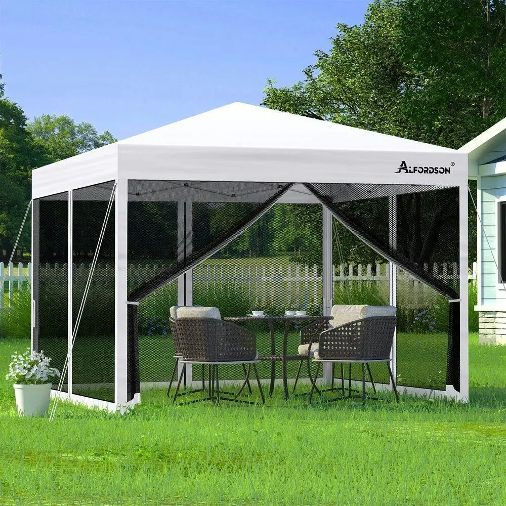 Alfordson Gazebo Pop Up Marquee 3x3 Outdoor Tent Party Camping Mesh Wall White - Home & Garden