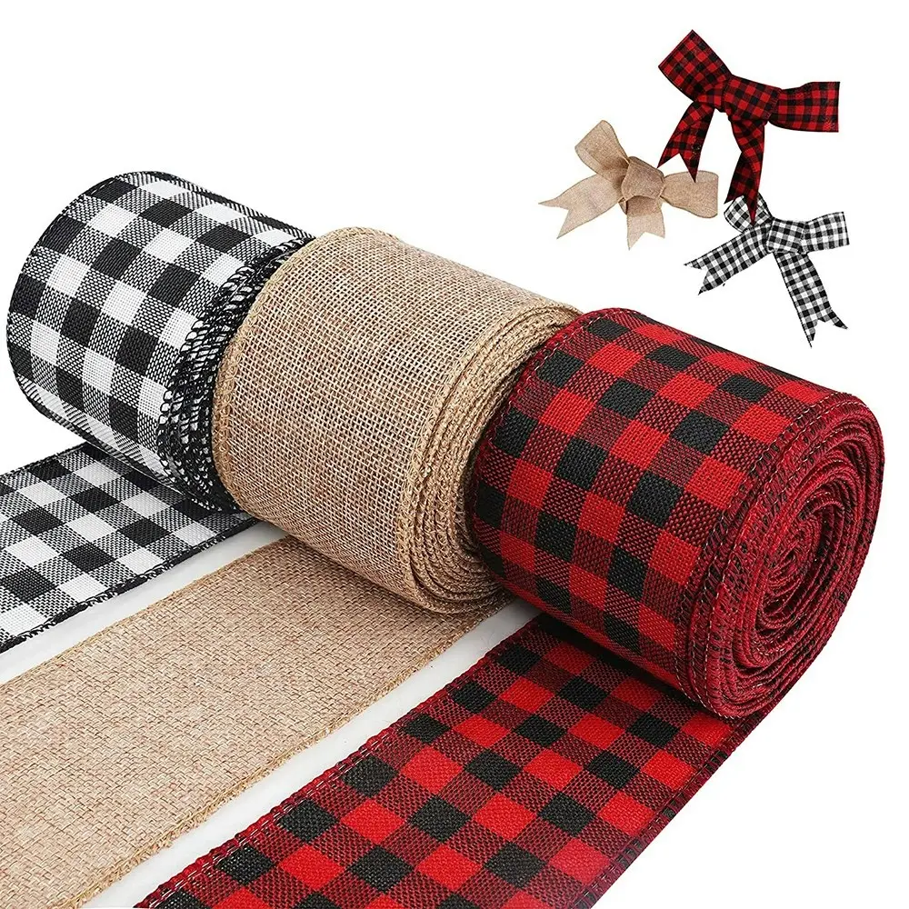 3 Rolls Christmas Buffalo Plaid Ribbon Burlap Craft Ribbon For DIY Gift Wrapping - Up to 60% Off Christmas Decoration Specials