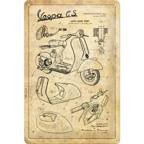 Nostalgic Art 20x30cm Medium Metal Wall Hanging Sign Vespa Parts Sketches Decor - Home & Garden