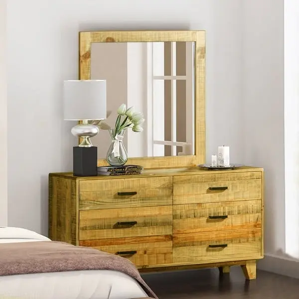 Dresser with 6 Storage Drawers in Solid Acacia With Mirror in Vintage Light Brown Colour - Furniture
