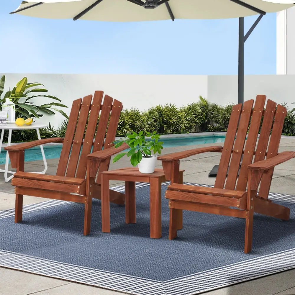 Gardeon 3PC Adirondack Outdoor Table and Chairs Wooden Beach Chair Brown - Furniture