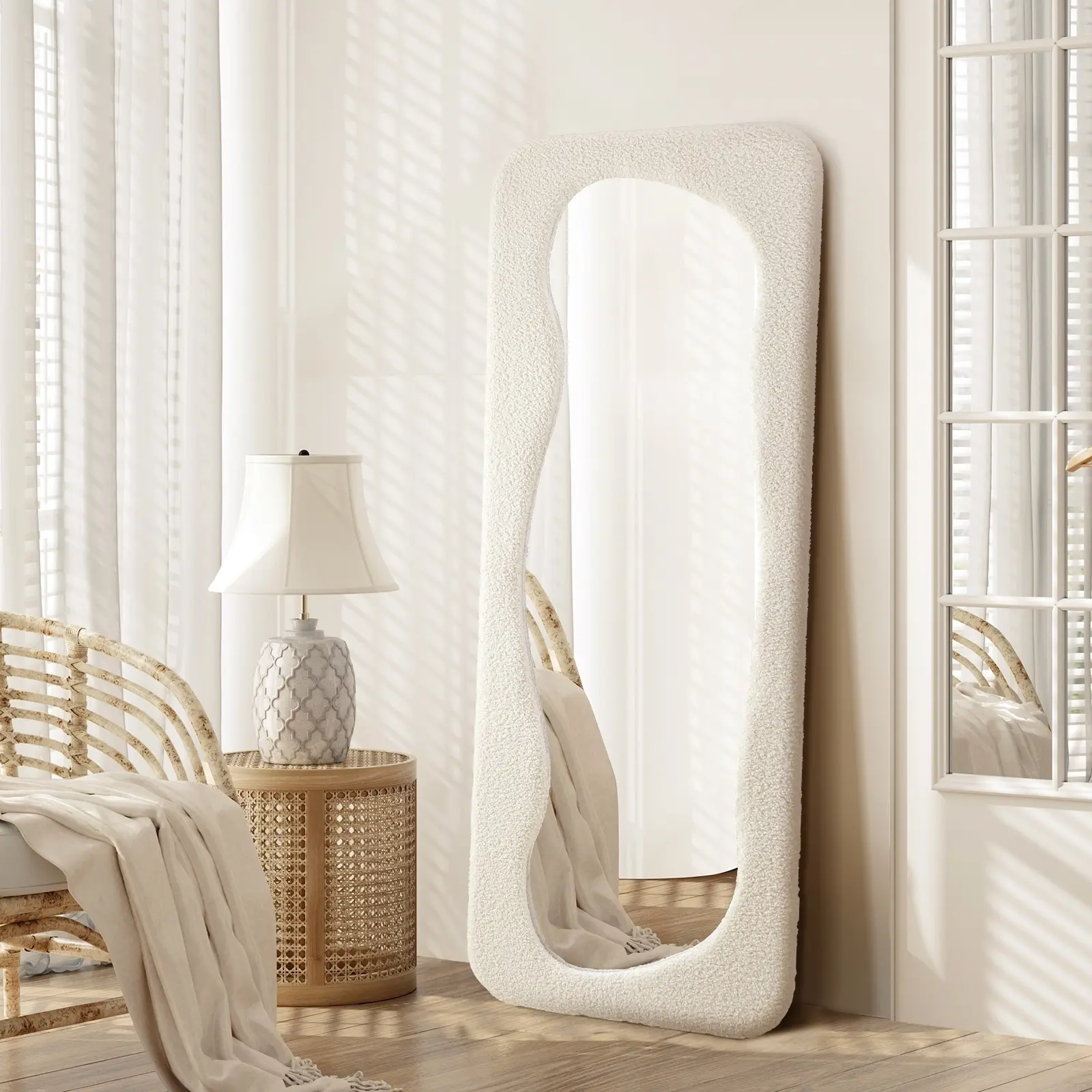 Oikiture Full Length Mirror 160x60cm Boucle Floor Standing Mirrors Dressing Makeup - Home & Garden