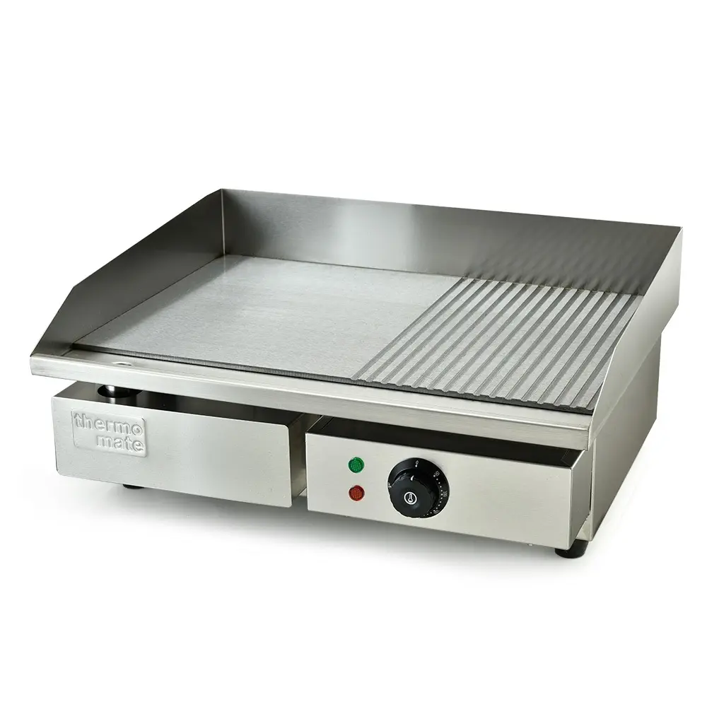 THERMOMATE Commercial Electric Griddle, 2400W 55x35cm Half Ribbed Surface - Home & Garden