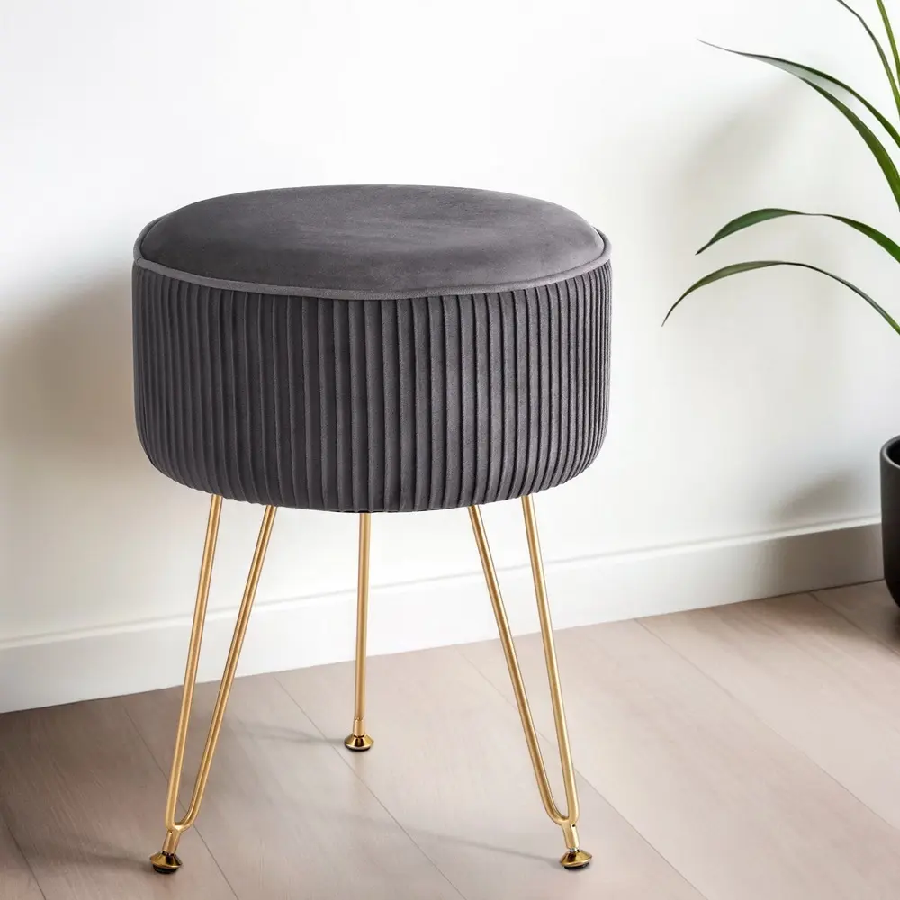 Artiss Ottoman Foot Stool Vanity Velvet Round Grey - Furniture