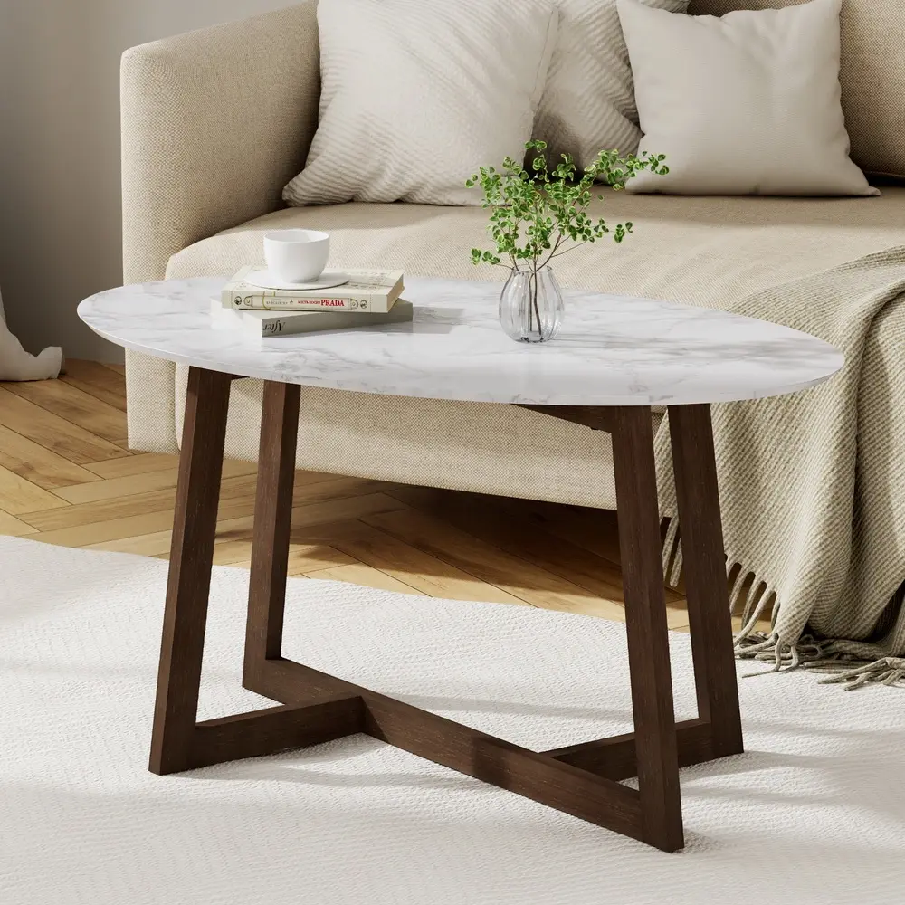 Artiss Coffee Table Oval Marble Effect - Furniture