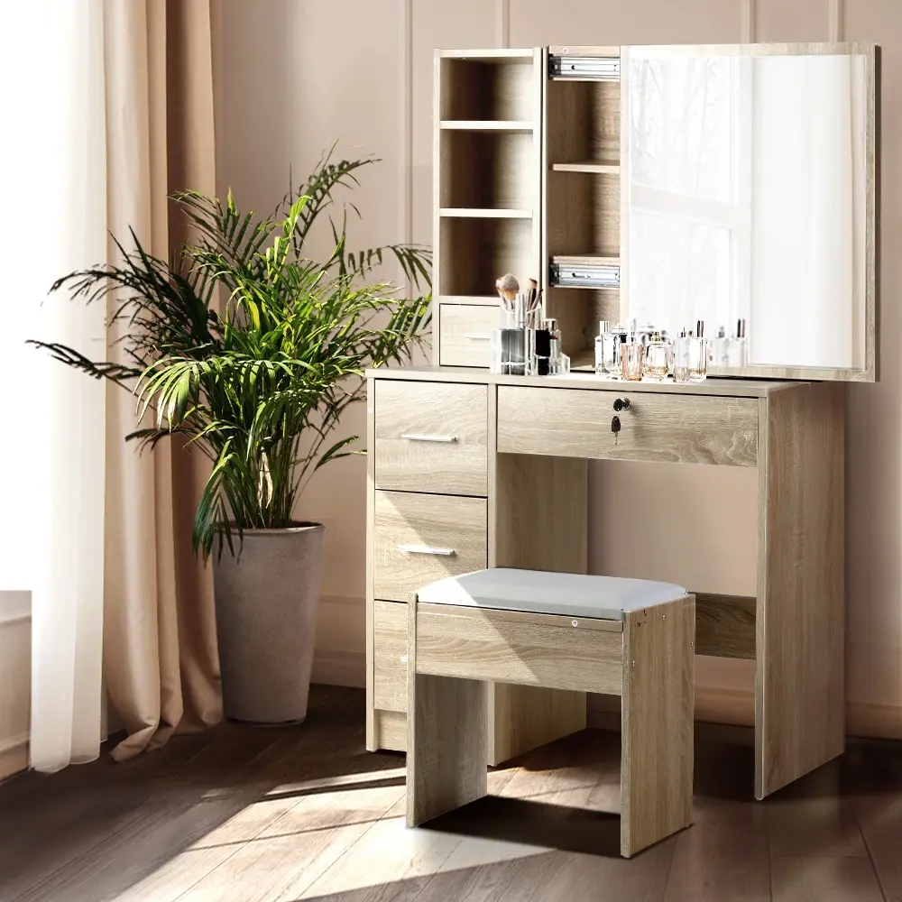 Artiss Dressing Table Stool Set Sliding Mirror Oak Diane - Furniture