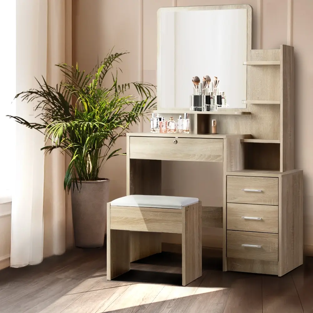 Artiss Dressing Table Stool Set 4 Drawers Oak - Furniture