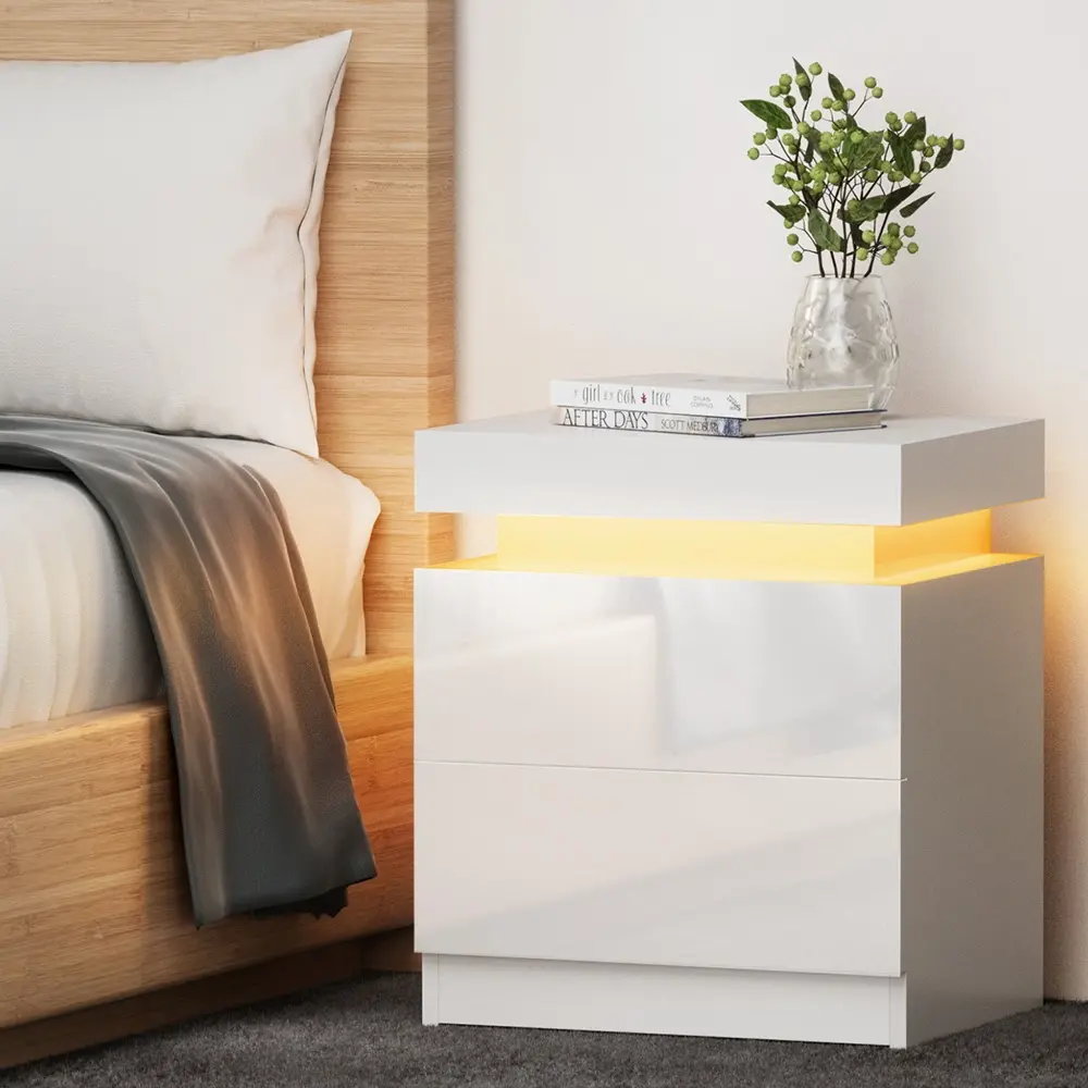 Artiss Bedside Table LED 2 Drawers Lift-up Storage - COLEY White