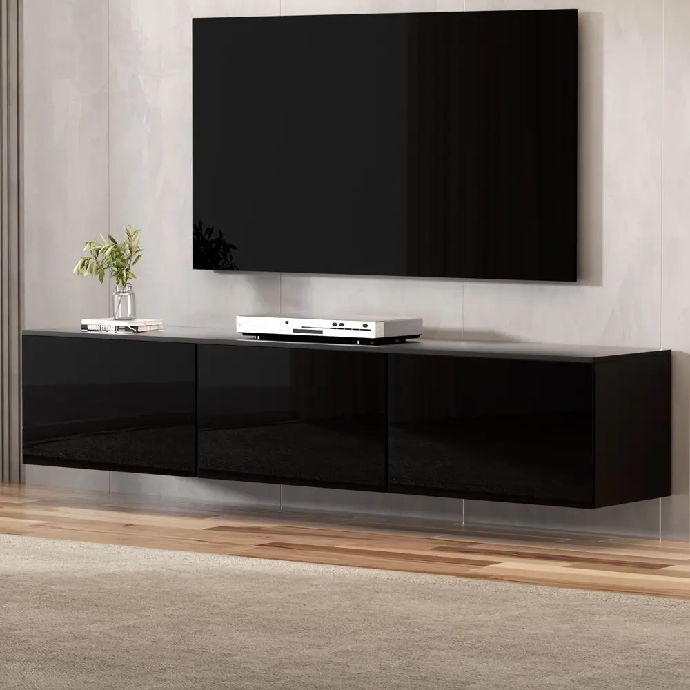 Artiss Floating Entertainment Unit TV Cabinet High Glossy Black 200CM - Furniture